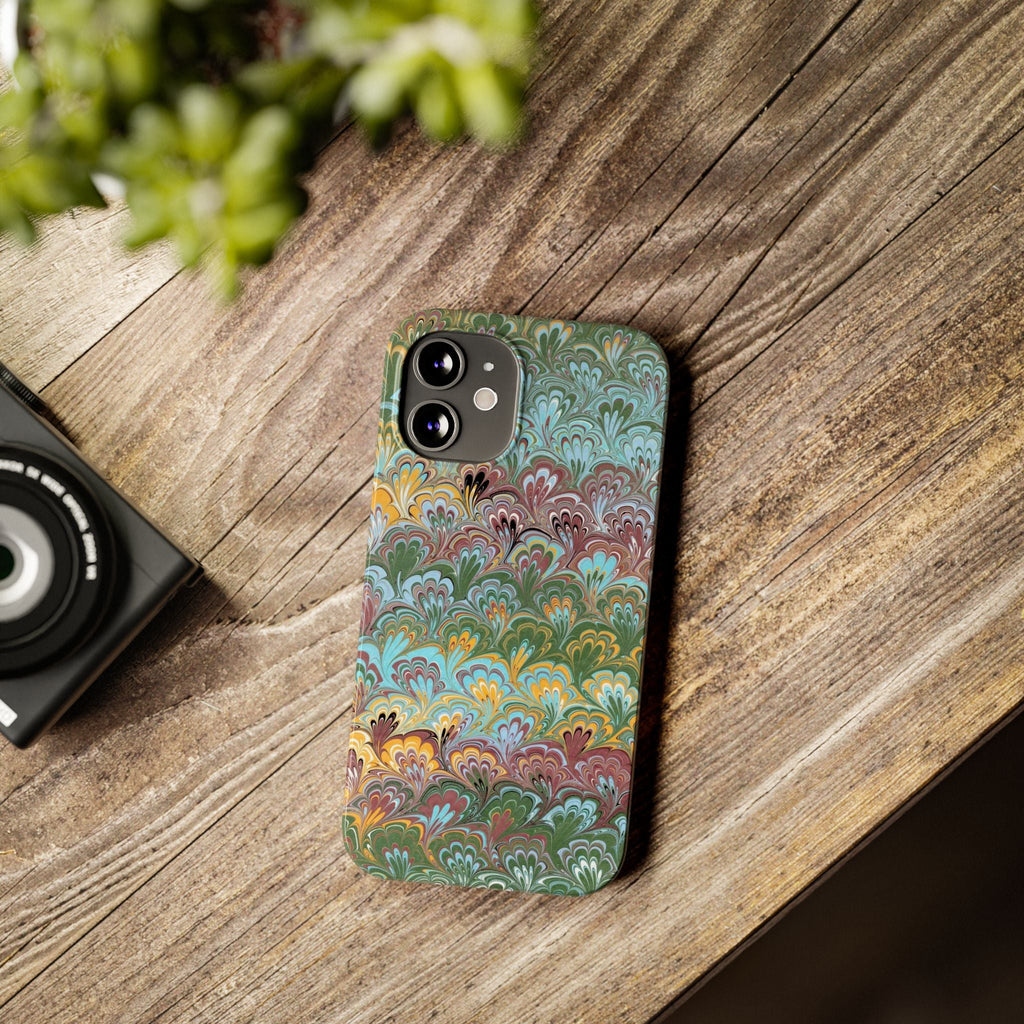 Phone Case with Design from Italy - Marbled "Peacock" Design, Green, Blue, Multi-Color Slim Phone Cases