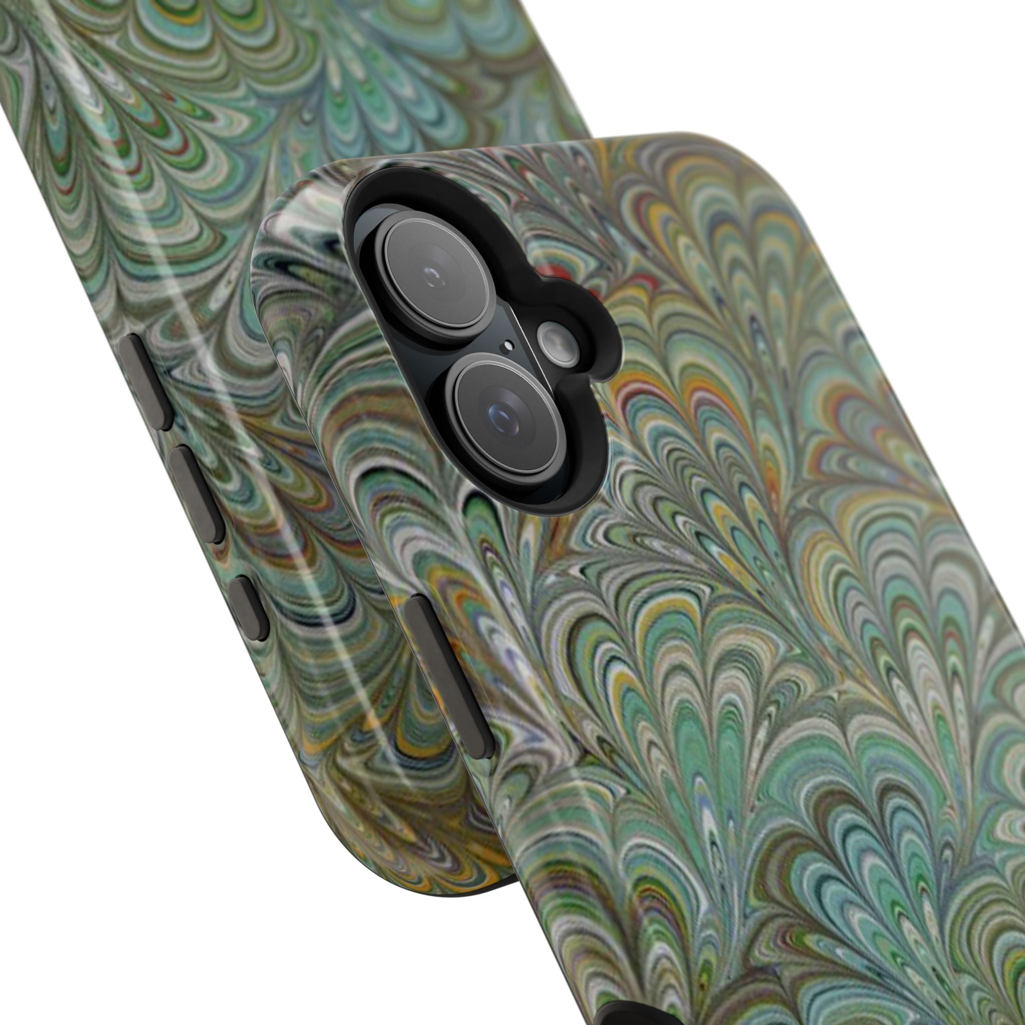 iPhone17 + All Models Phone Cases, Italian Peacock Feather Design, Stylish Impact-Resistant Shell, Protective Cover, Green Peacock Print