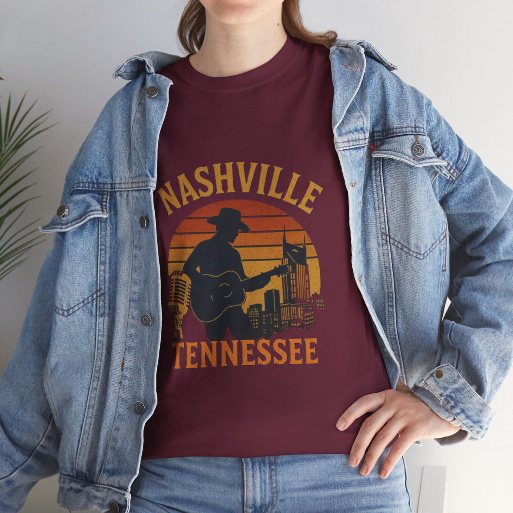 Nashville Tennessee Guitar Silhouette Tee — Retro Sunset Country Music T-Shirt
