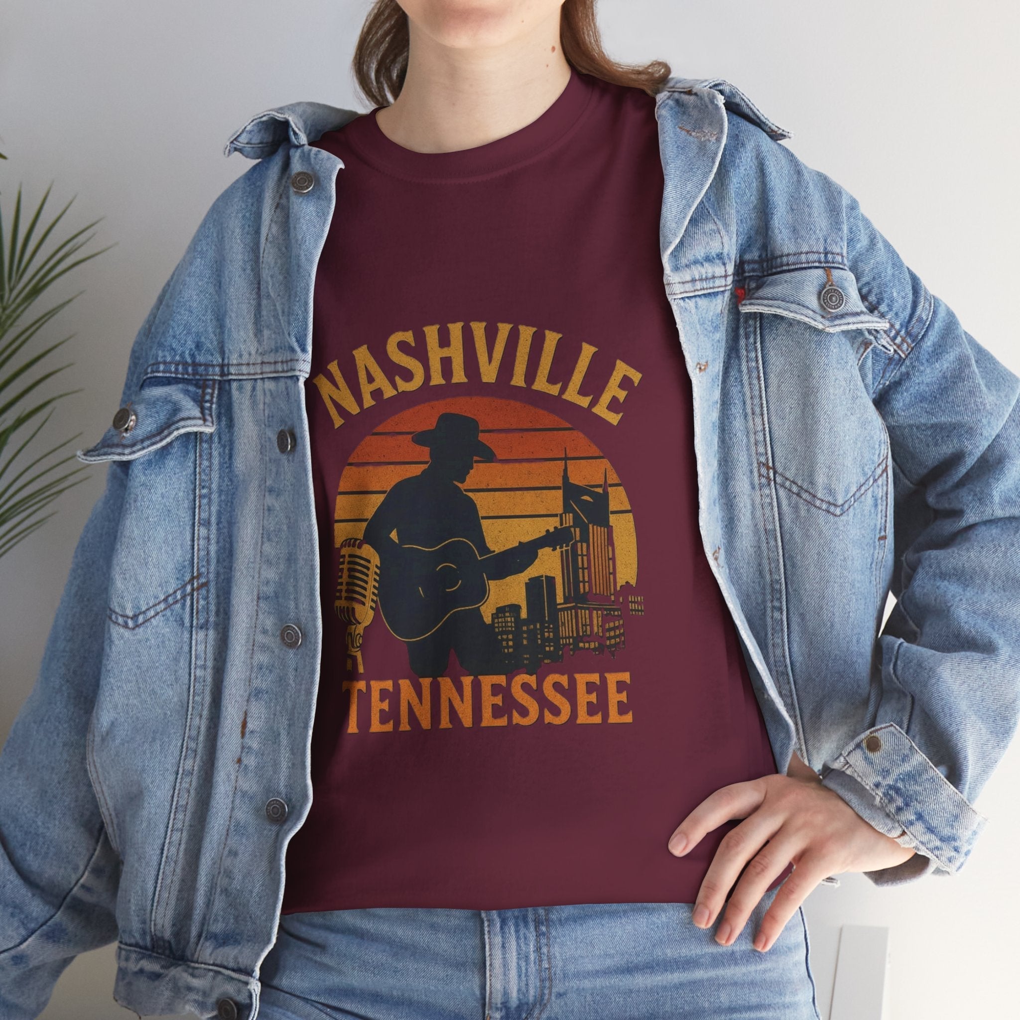 Nashville Tennessee Guitar Silhouette Tee — Retro Sunset Country Music T-Shirt