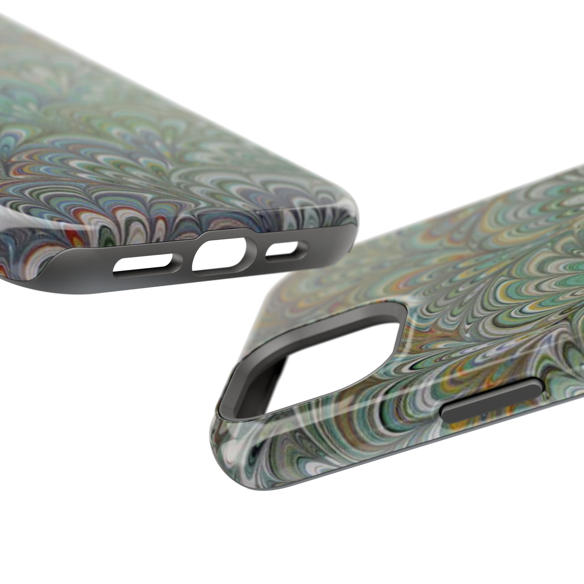 iPhone17 + All Models Phone Cases, Italian Peacock Feather Design, Stylish Impact-Resistant Shell, Protective Cover, Green Peacock Print