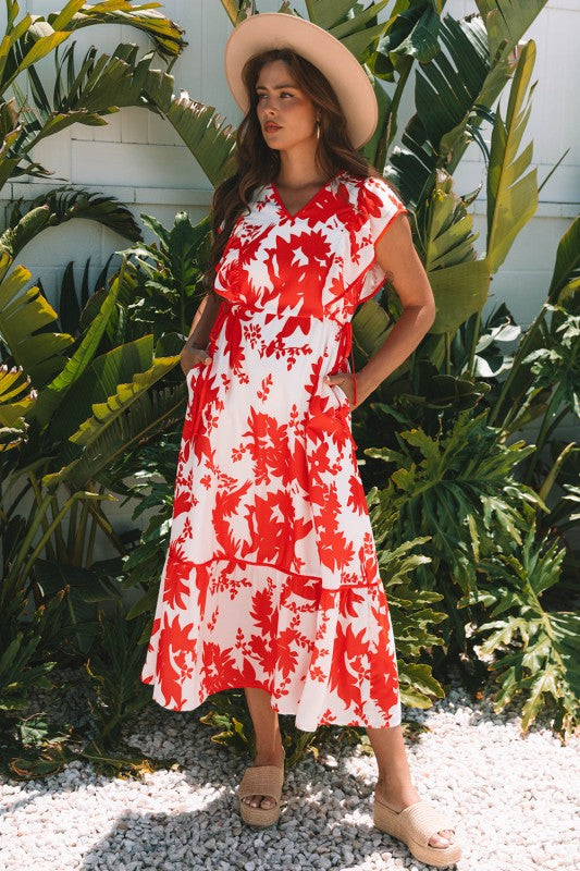 Scarlett Floral Trimmed V Neck Ruffle Sleeve Long