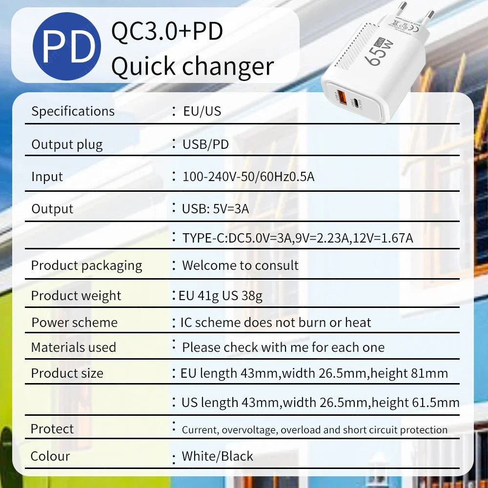 Total 65W Fast Charger USB Type C Quick Charge Wall Charger For iPhone 15 Samsung Xiaomi Huawei PD Phone Charger Power Adapter