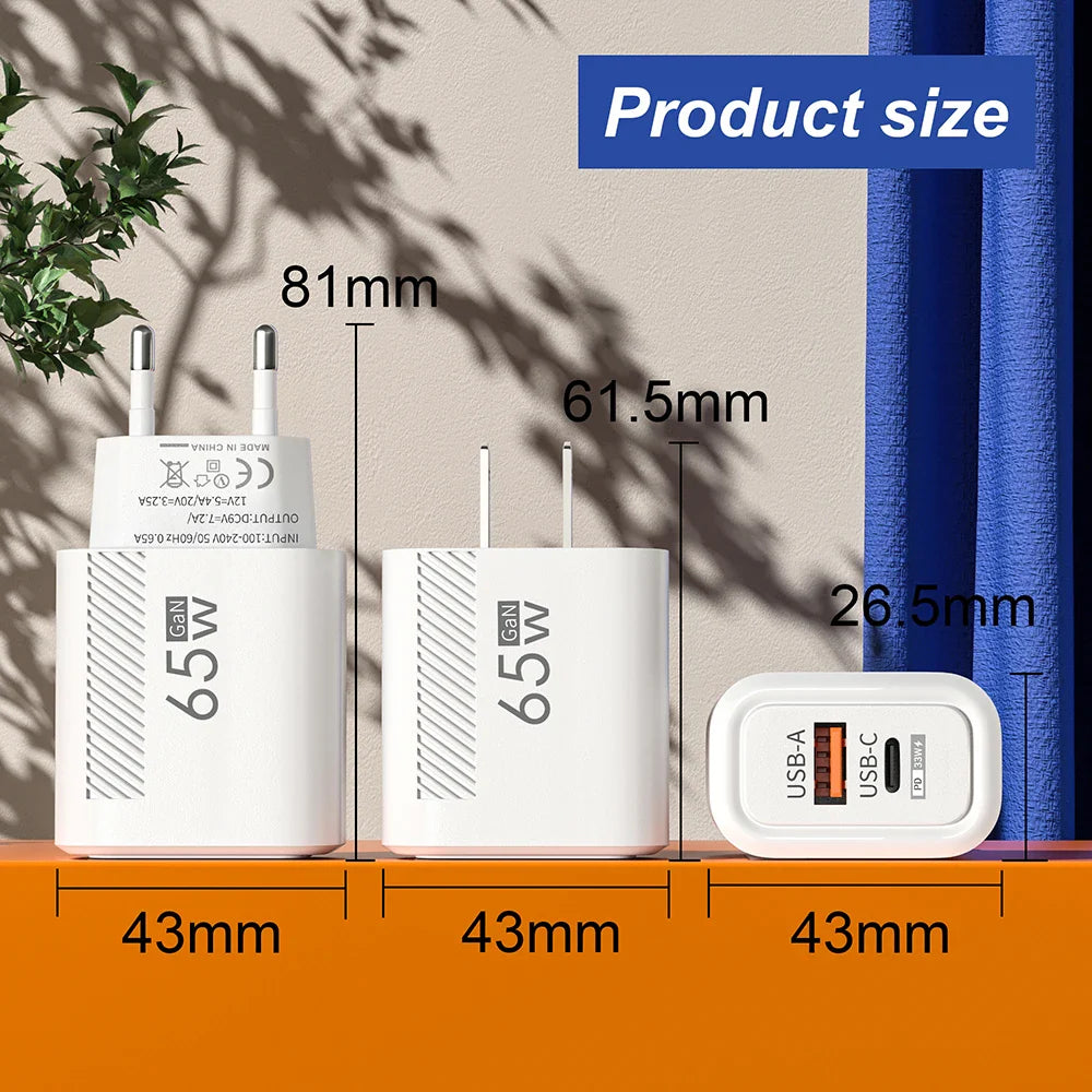 USB C Charger Total 65W Fast Charge Charger PD TypeC Quick Charge 3.0 Wall Power Adapter for iphone Xiaomi Samsung Phone Charger