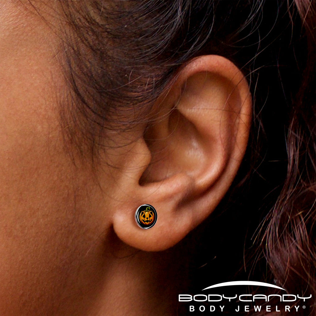 Orange Pumpkin Cat Jack-O-Lantern Stud Earrings by Onyx O