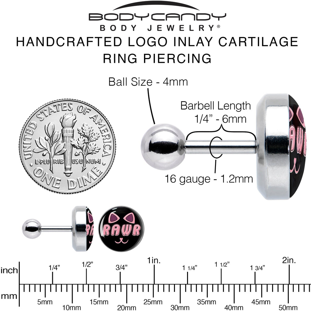 16G 1/4 RAWR Kittly Cat Tragus Cartilage Earring by Onyx O
