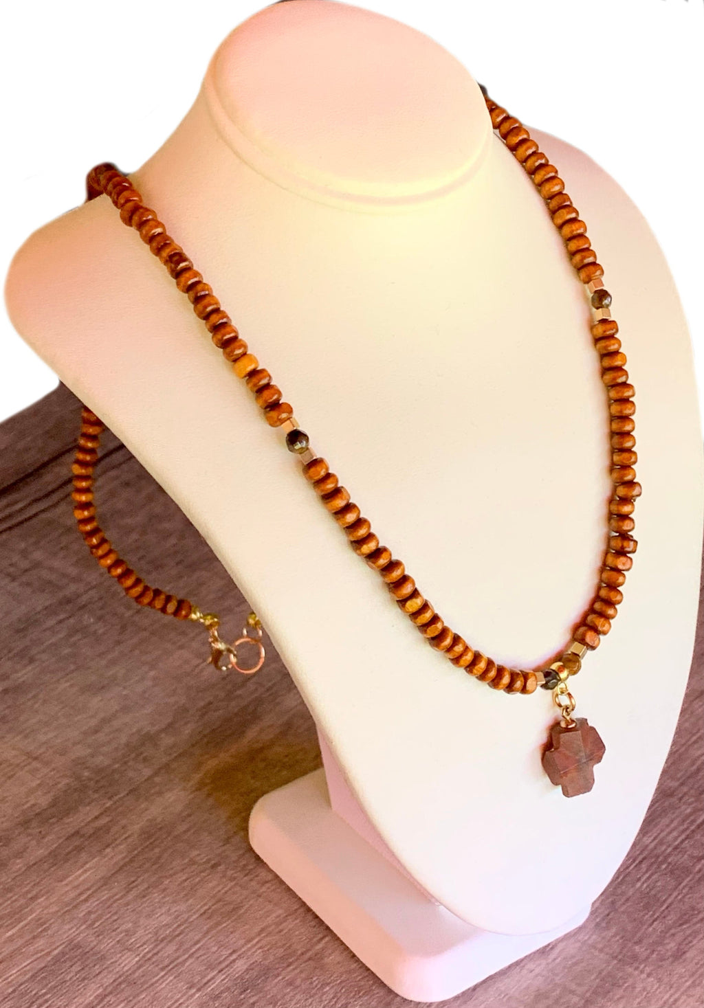 Christof Handmade Wood, Tigers Eye, and Hematite 24" Necklace With A Vintage Greek Square Cross