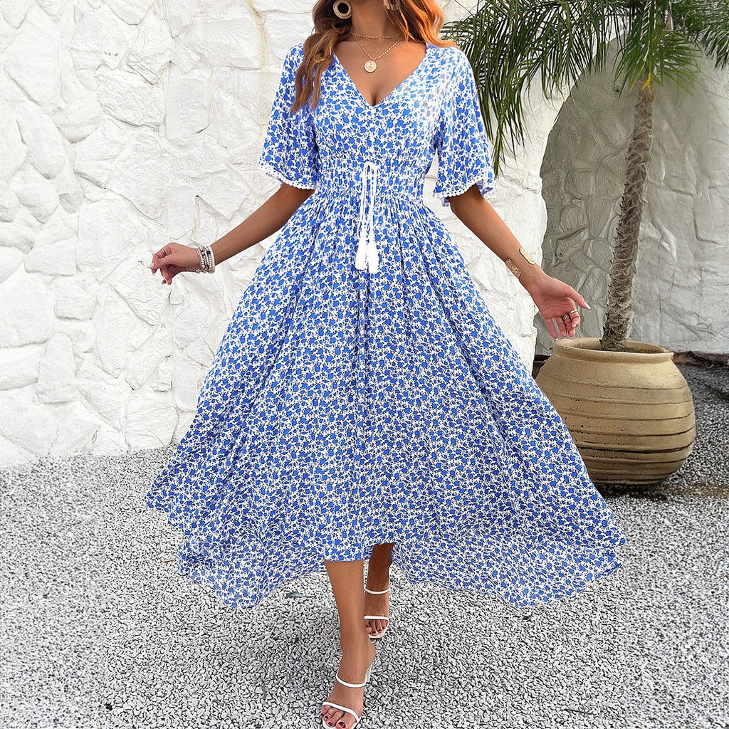 Spring/Summer Women's V-neck High Waist Elegant Printed Dress