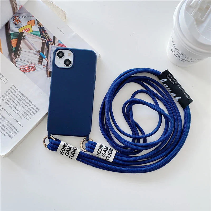 Fashion Crossbody Lanyards Necklace Liquid Silicone Case For iPhone 16 15 14 13 11 12 Pro Max Mini XS XR X 8 7 Plus Matte Cover