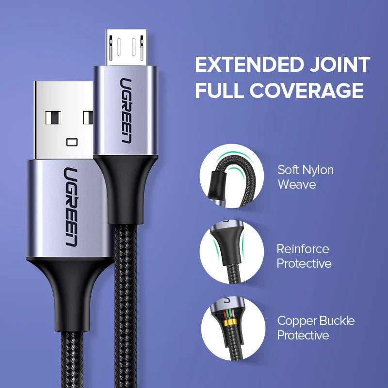 Ugreen Micro USB Cable 3A Nylon Fast Charging USB Type C Cable for Samsung Xiaomi HTC USB Charger Data Cable Mobile Phone Cable