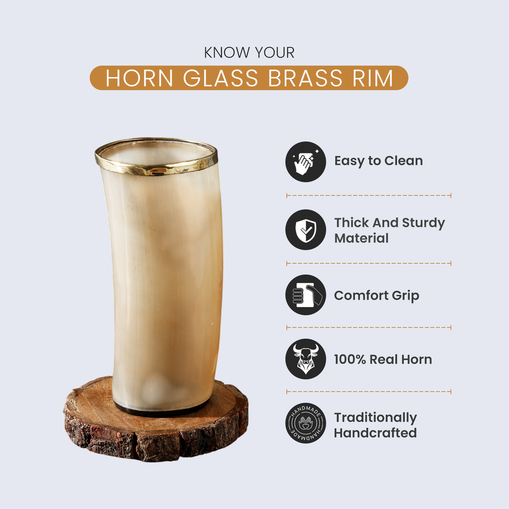 Horn Glasses 8.-10oz Natural Horn Drinkware with Brass Rim - Rustic Bar Glass