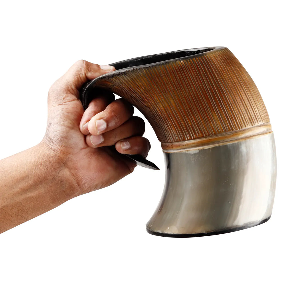 Horn Mug Striped Pattern Natural Ox Horn Drinking Cup Holds Up to 24-27 oz