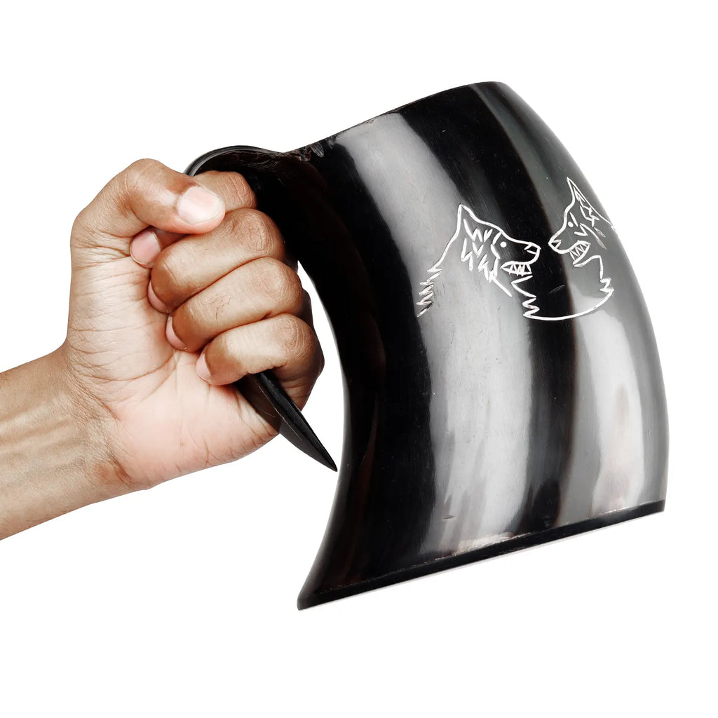 Horn Cup Twin Wolf Carved Ox Horn Drinking Cup Holds Up to 24.-27oz