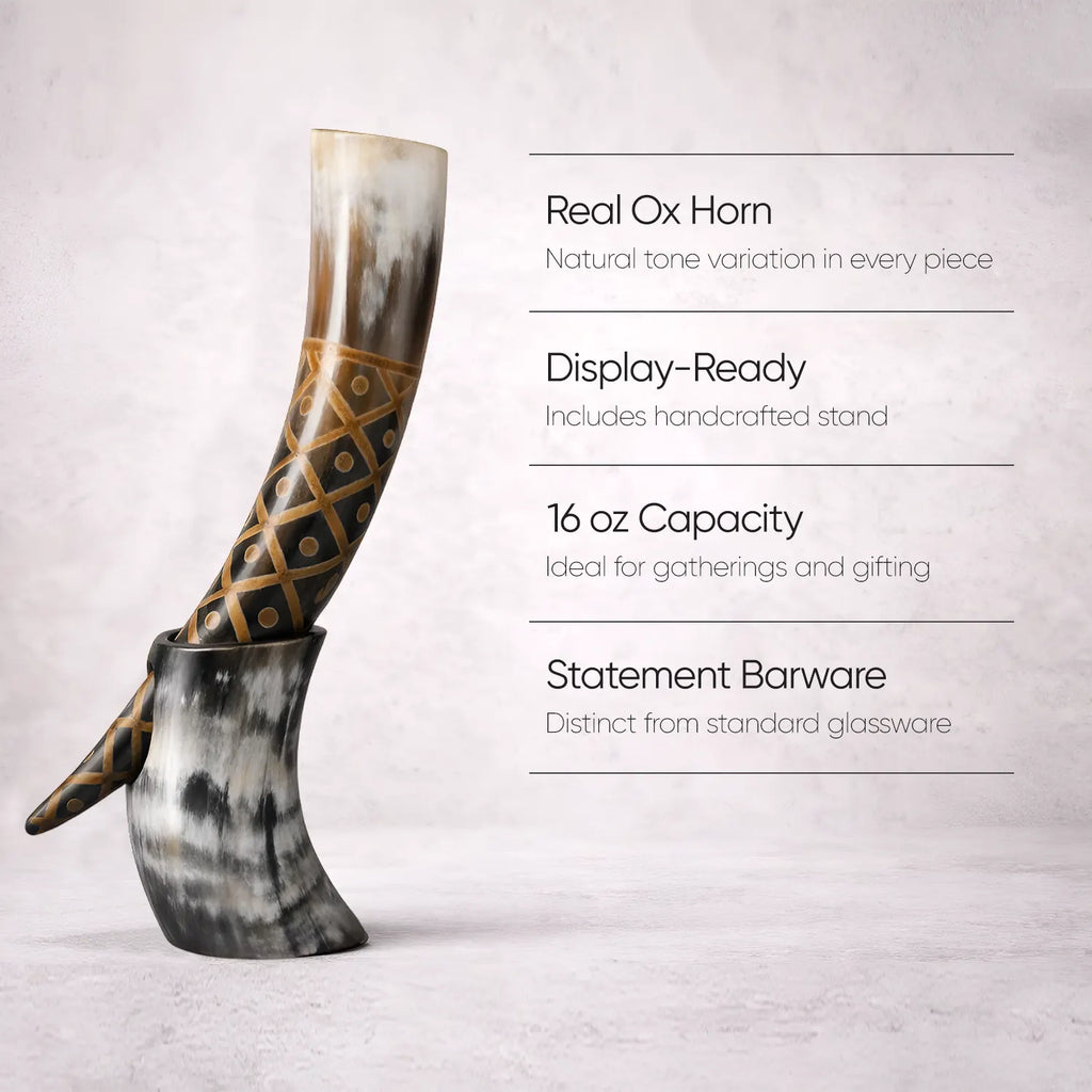Real Ox Horn Drinking Horn with Stand 16 oz Beer Mug Gift