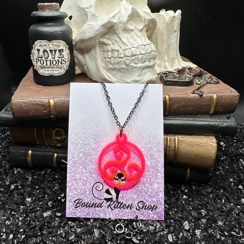 Triskelion Neon Pink/Orange Acrylic On 18" Black Chain, BDSM Collar / Necklace
