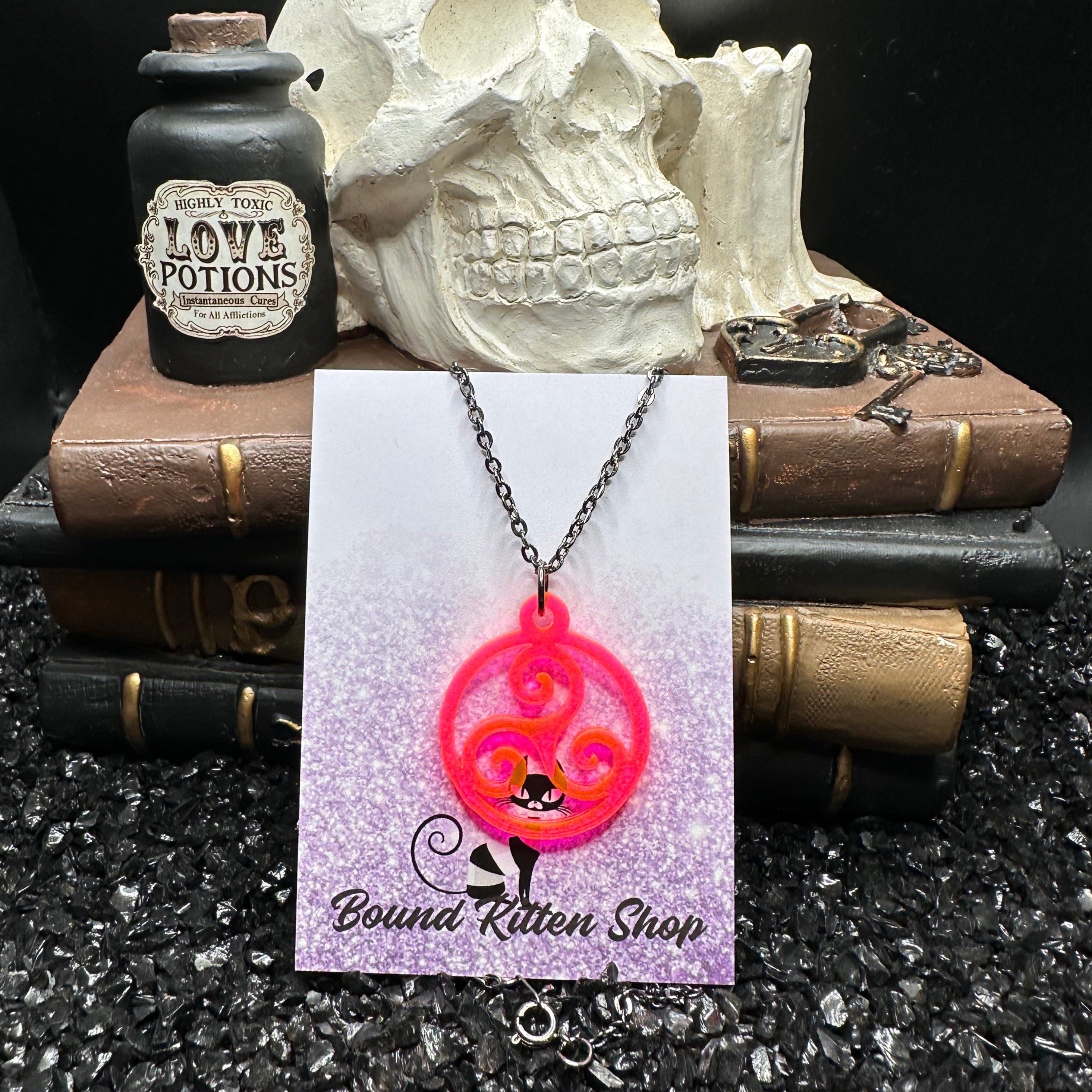Triskelion Neon Pink/Orange Acrylic On 18" Black Chain, BDSM Collar / Necklace