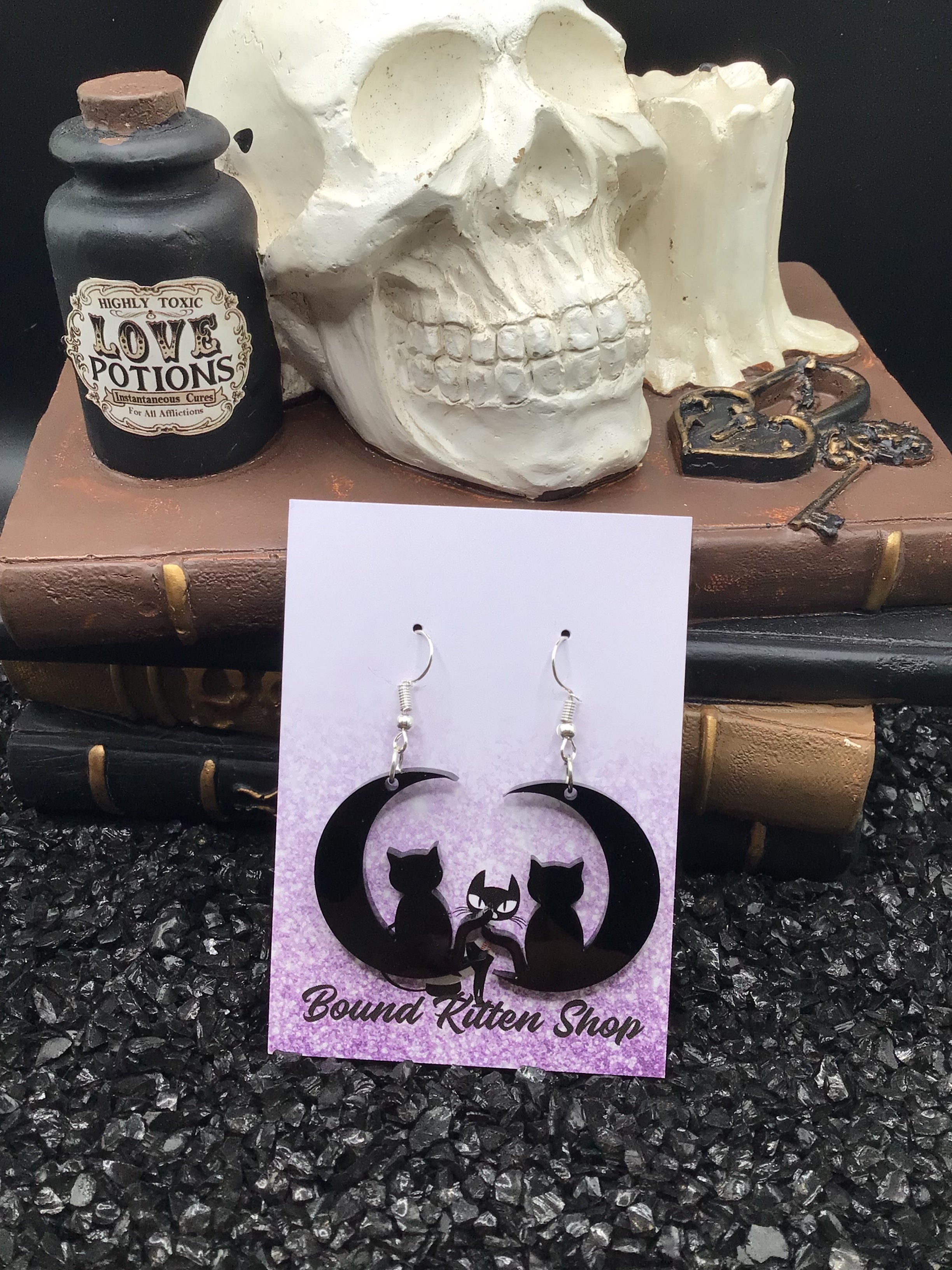 Cat Sitting In The Moon Earrings, Witchy Earrings
