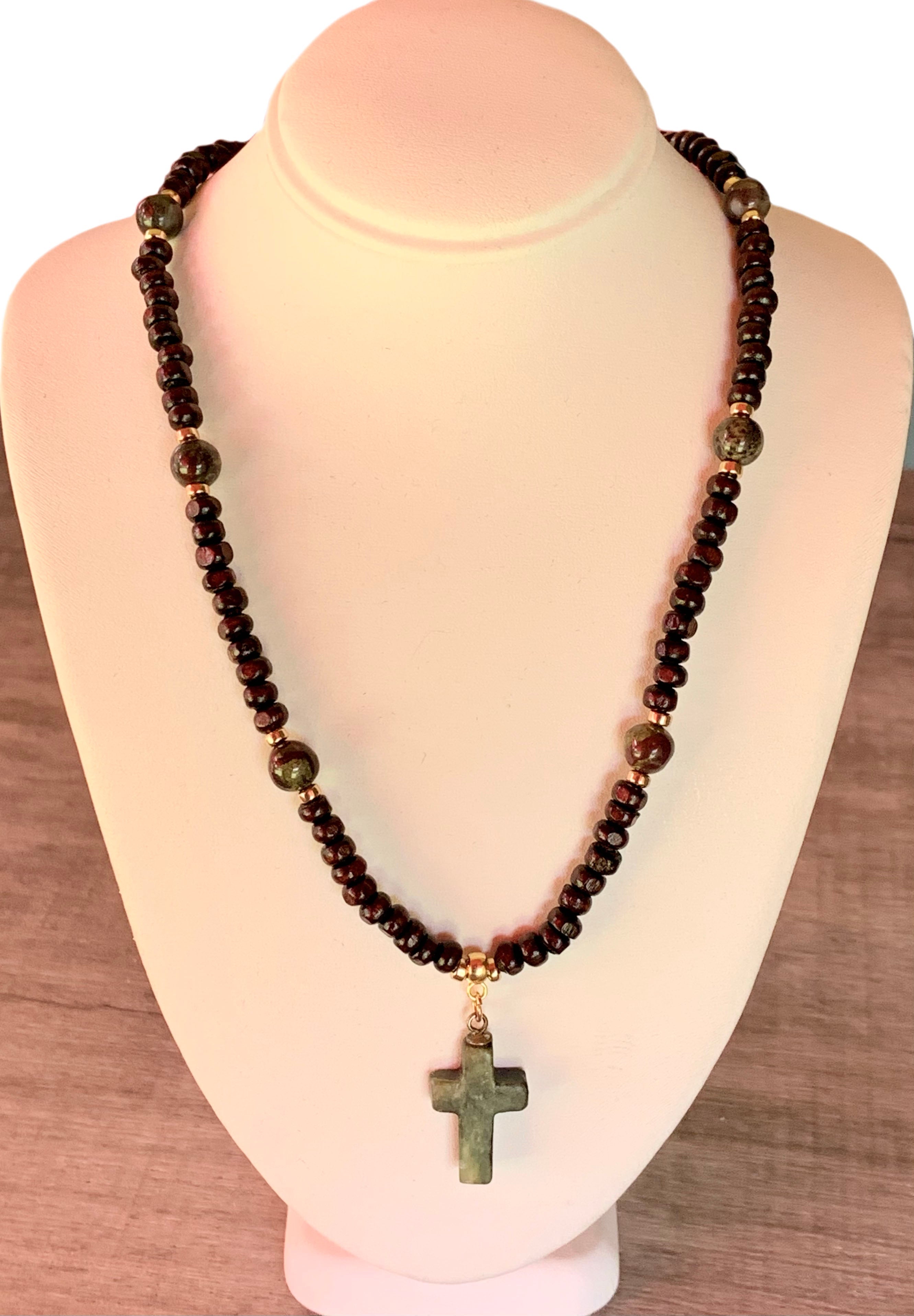 Luke Handmade Dragon Bloodstone Jasper, Dark Wood, Gold Plated Hematite Necklace With a Vintage Jade Cross