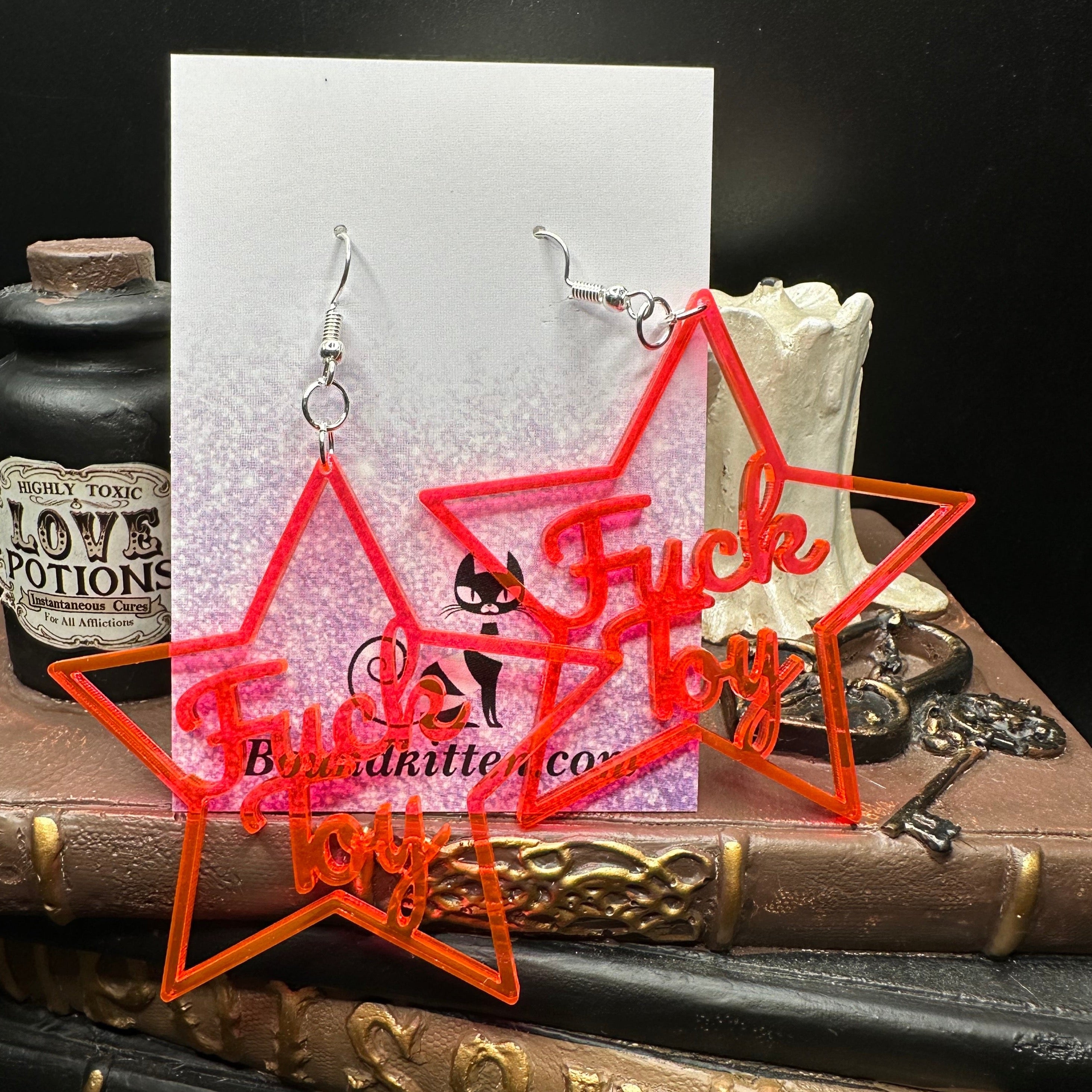 Fuck Toy Earrings, Neon Pink Acrylic