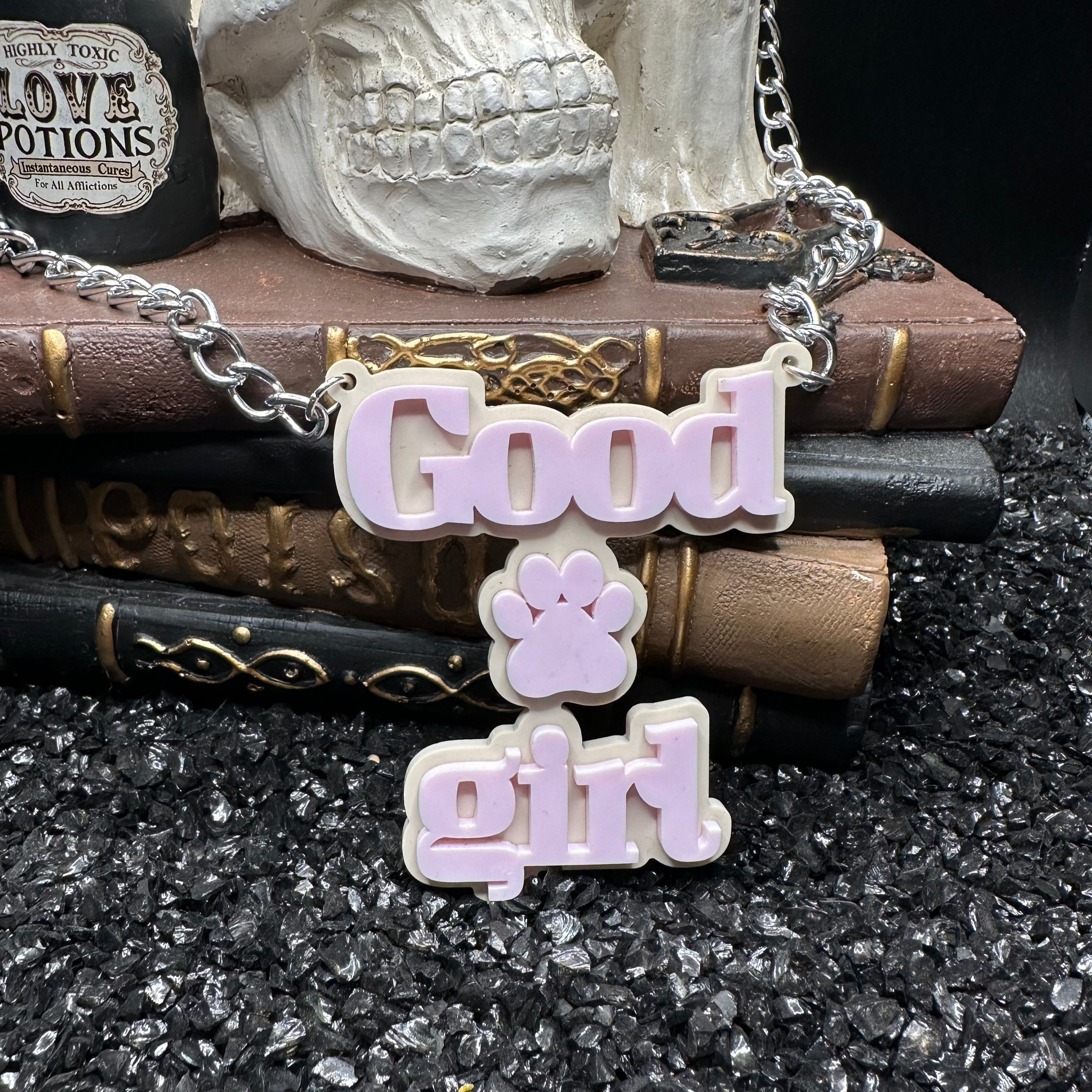 Good Girl Pup Acrylic Baby Pink Necklace