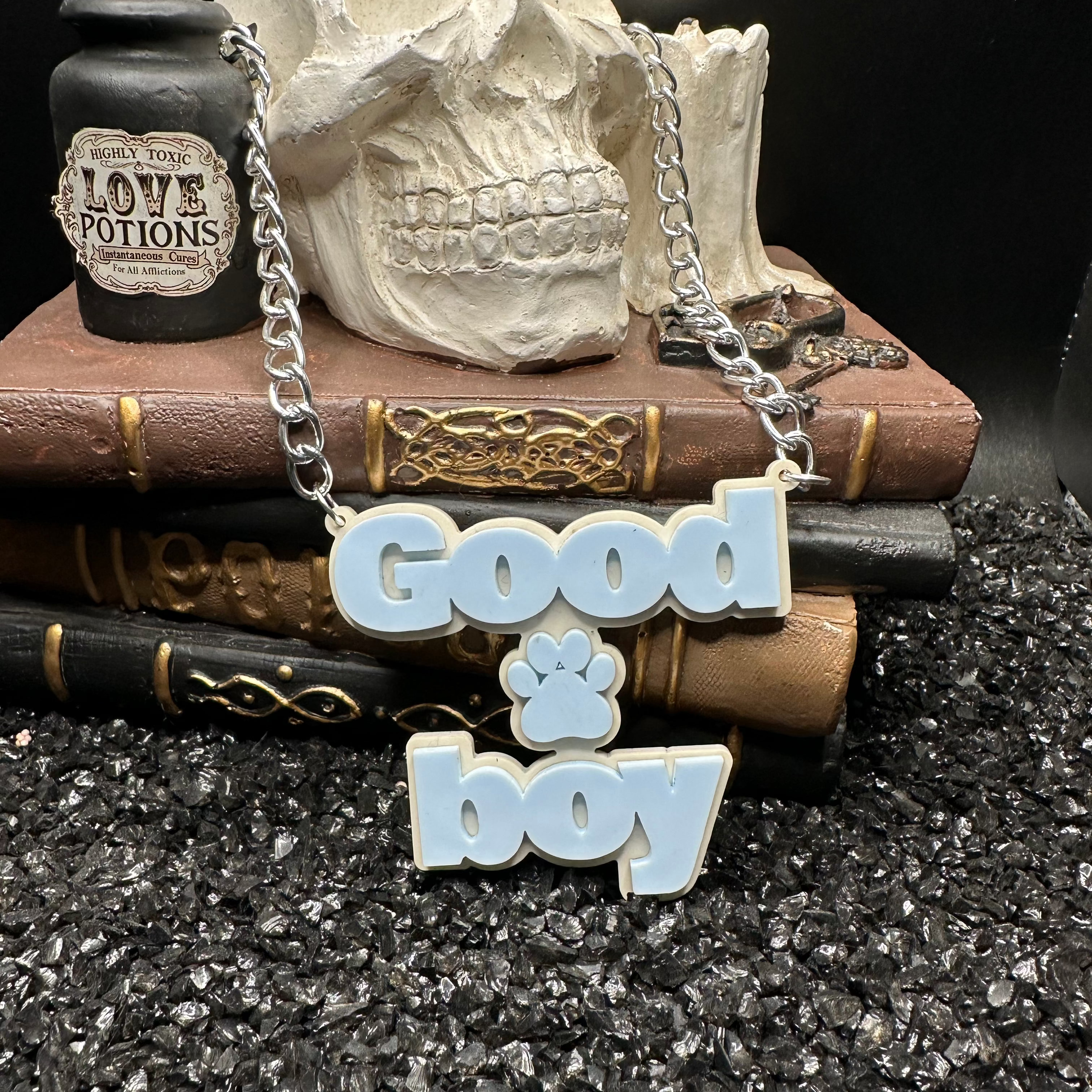 Good Boy Pup Acrylic Baby Blue Necklace