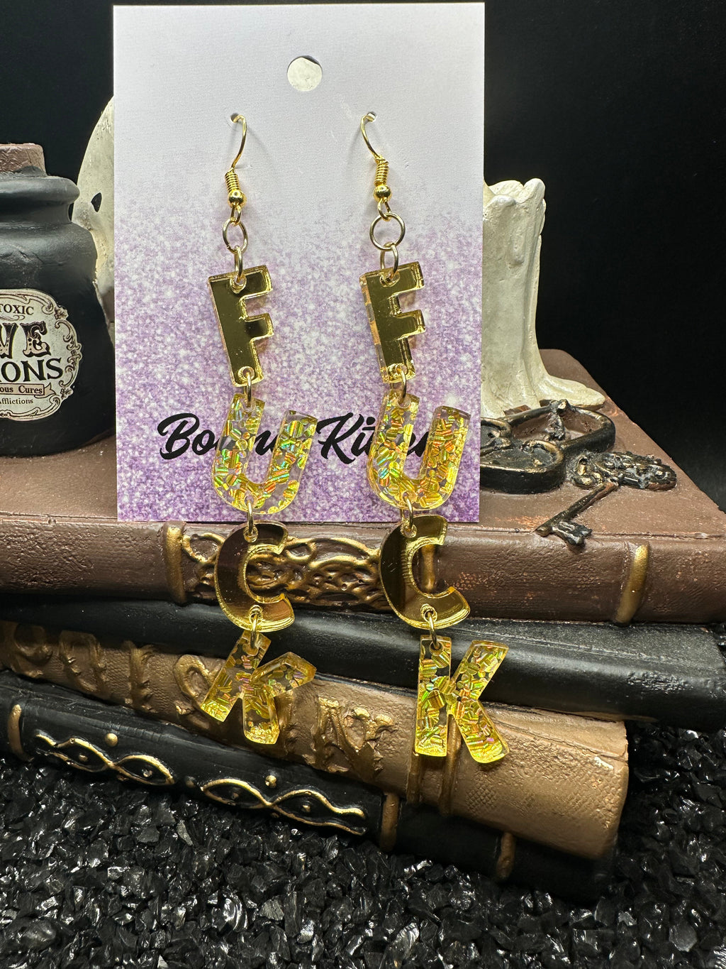 FUCK Mirrored Gold Acrylic Earrings