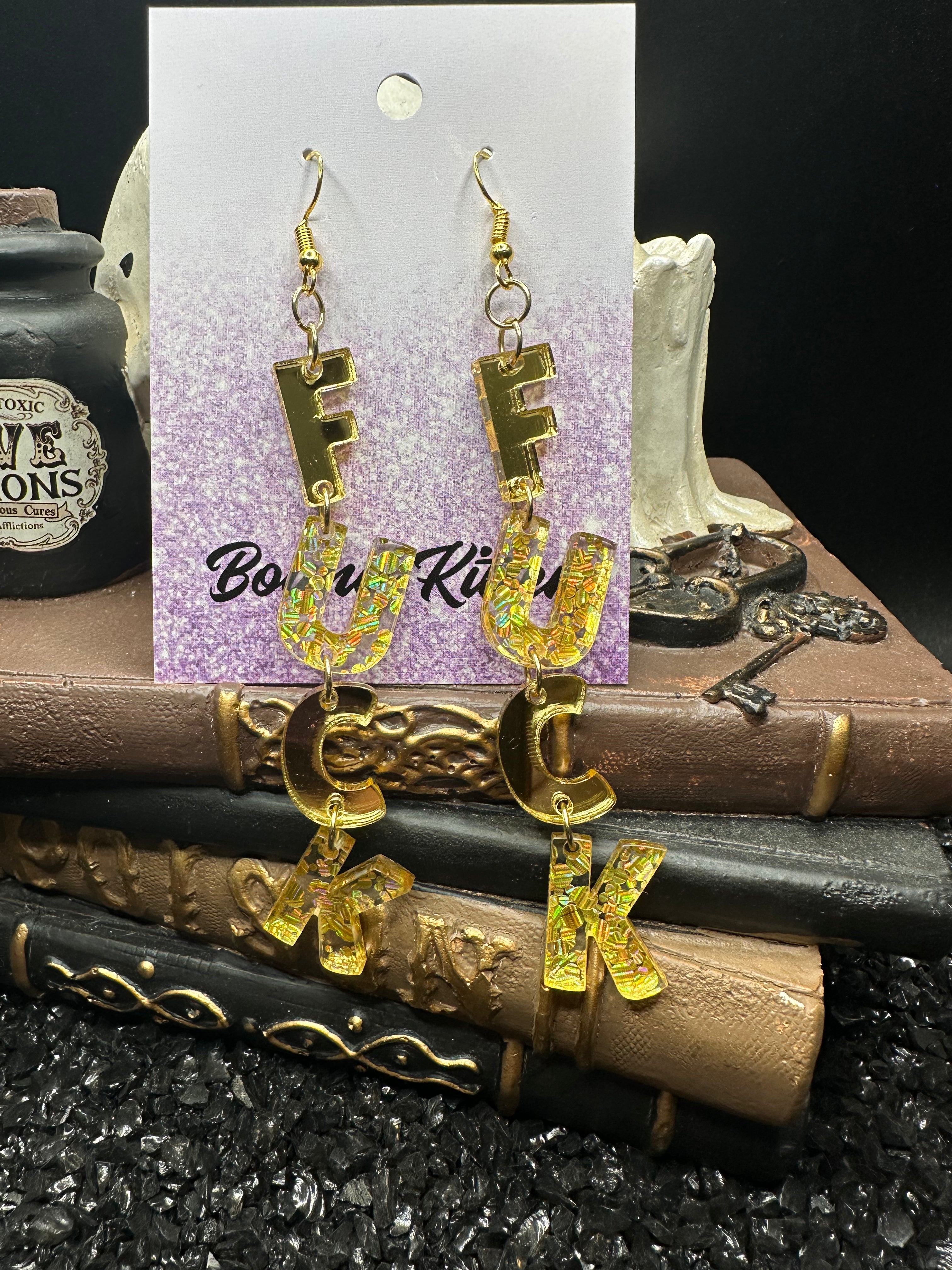 FUCK Mirrored Gold Acrylic Earrings