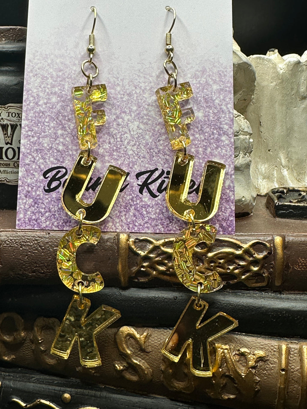 FUCK Mirrored Gold Acrylic Earrings