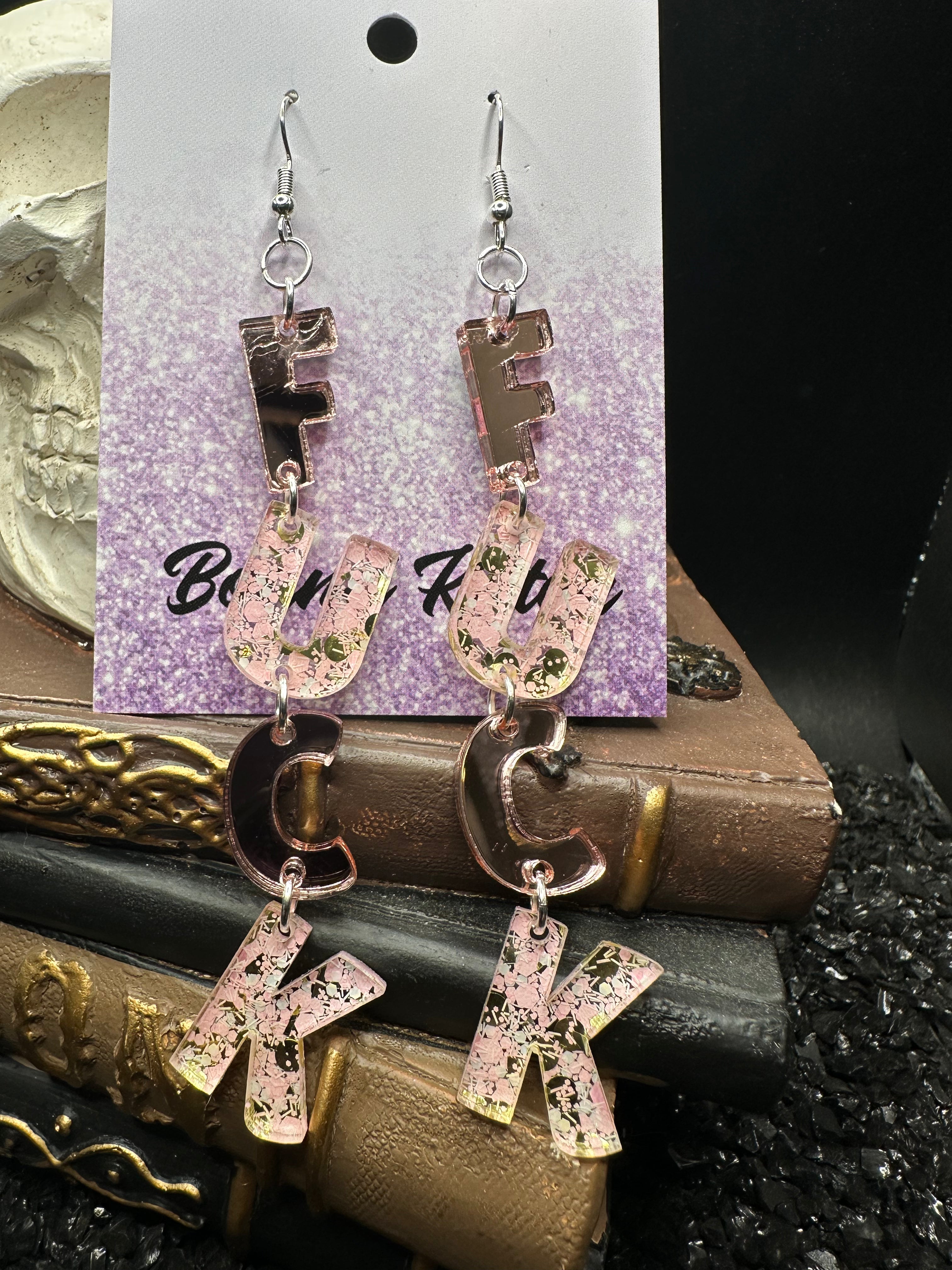 FUCK Mirrored Rose Gold Acrylic Earrings