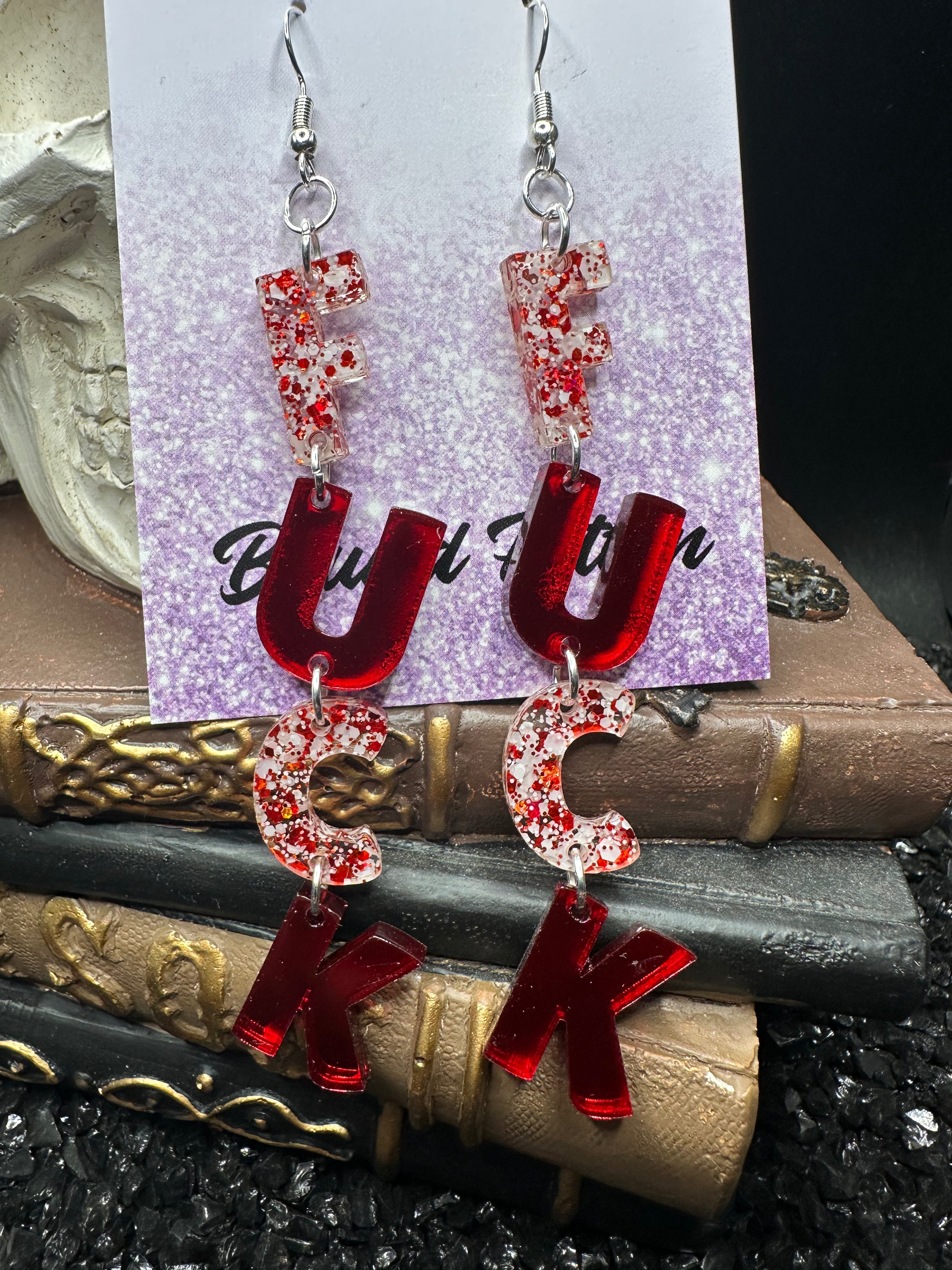 FUCK Mirrored Red Acrylic Earrings