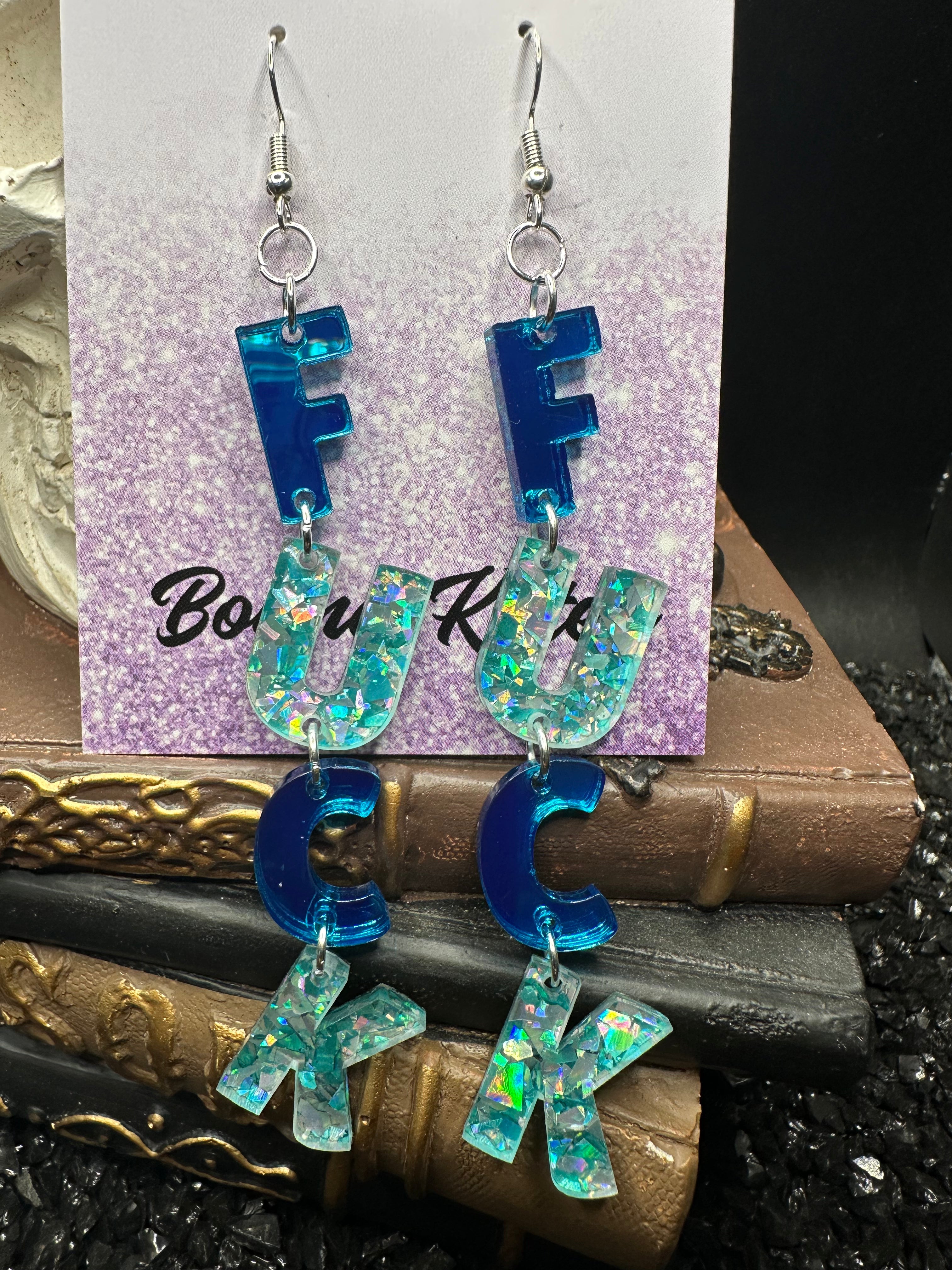 FUCK Mirrored Teal Acrylic Earrings
