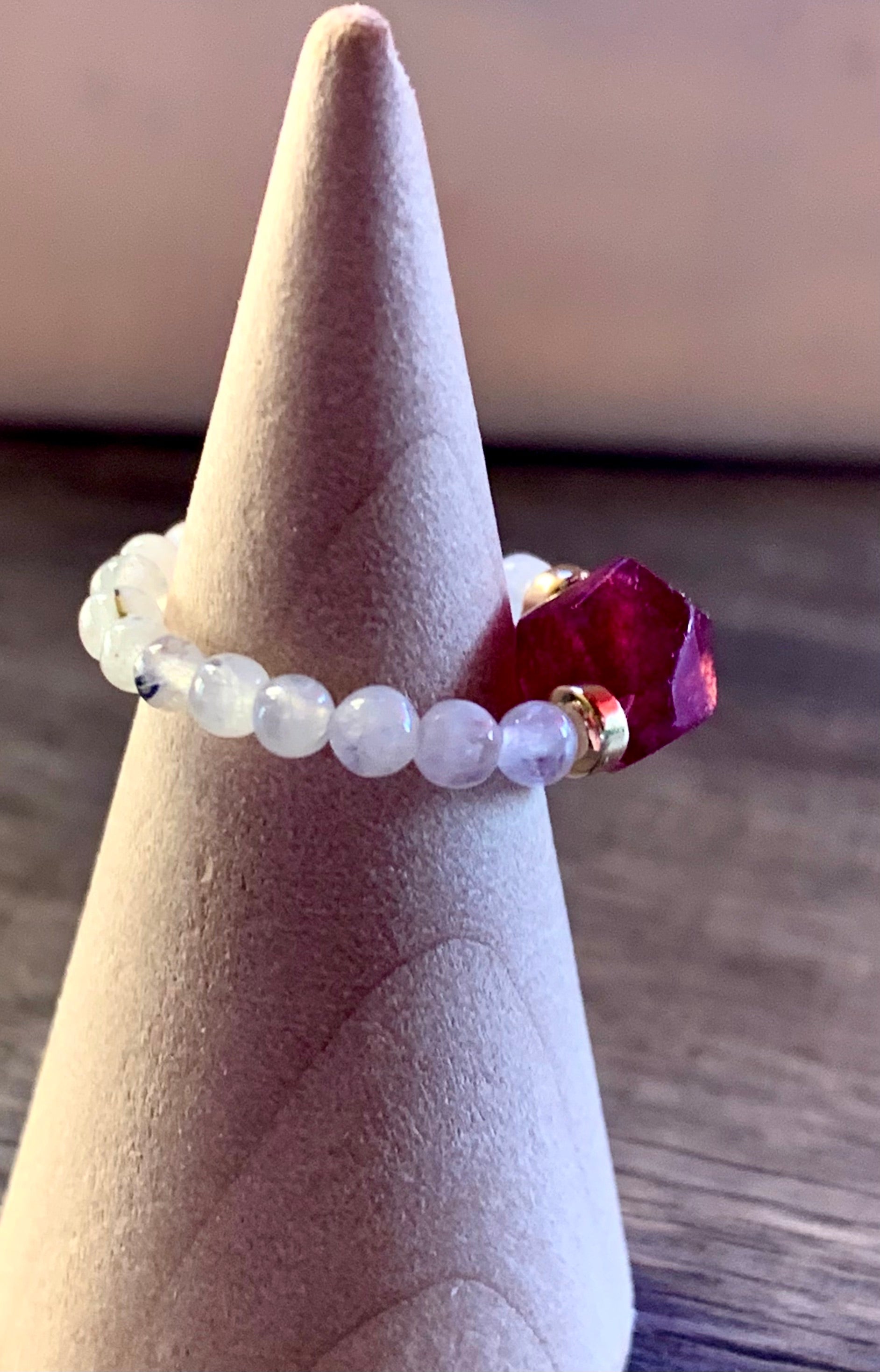 Linda Handmade Moonstone, Red Chalcedony, and Gold Plated Hematite Expandable Ring