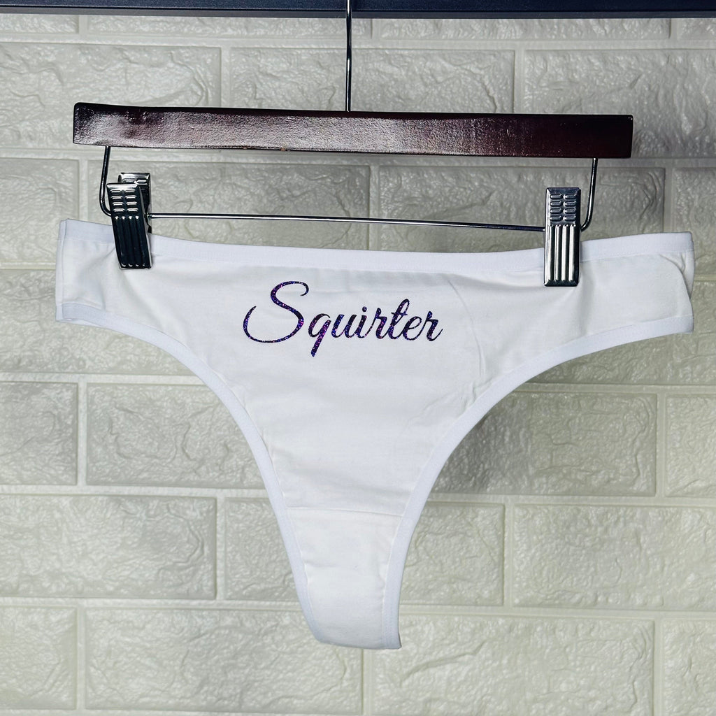 Squirter Cotton Thong Panties with Purple Glitter Letters