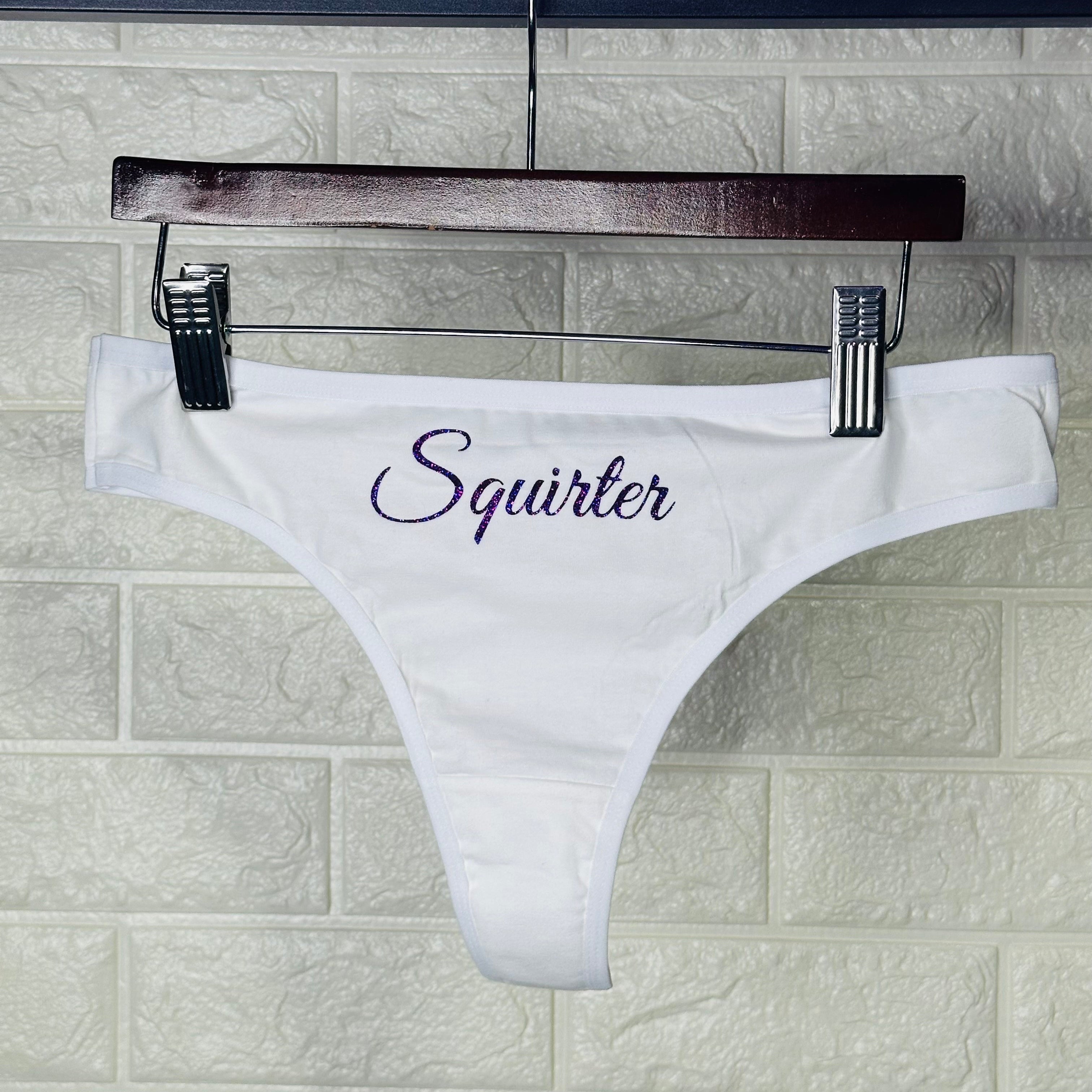 Squirter Cotton Thong Panties with Purple Glitter Letters