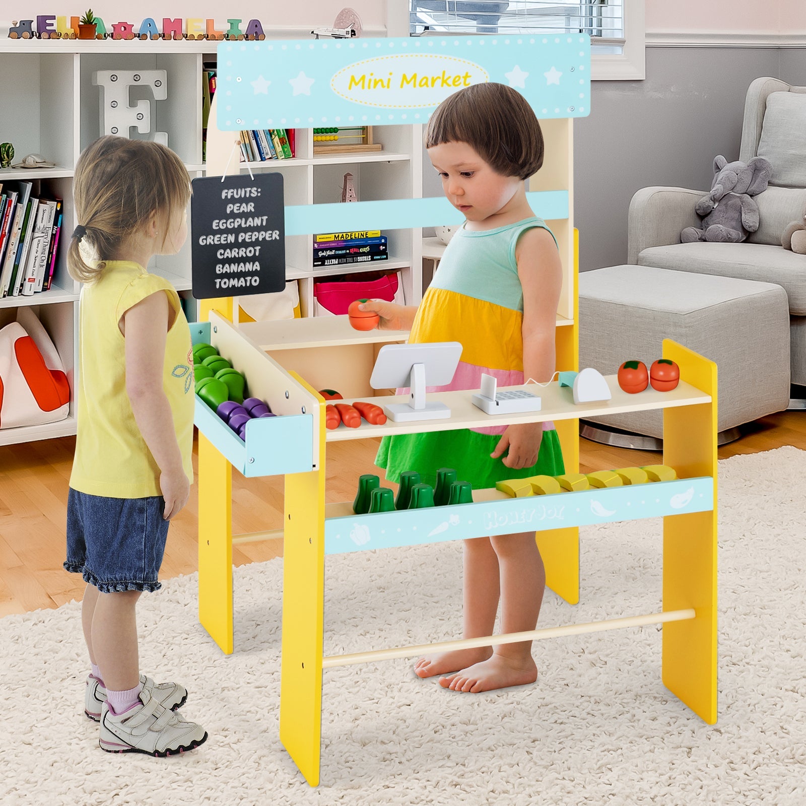Kid's Pretend Play Grocery Store with Cash Register and Blackboard-Blue
