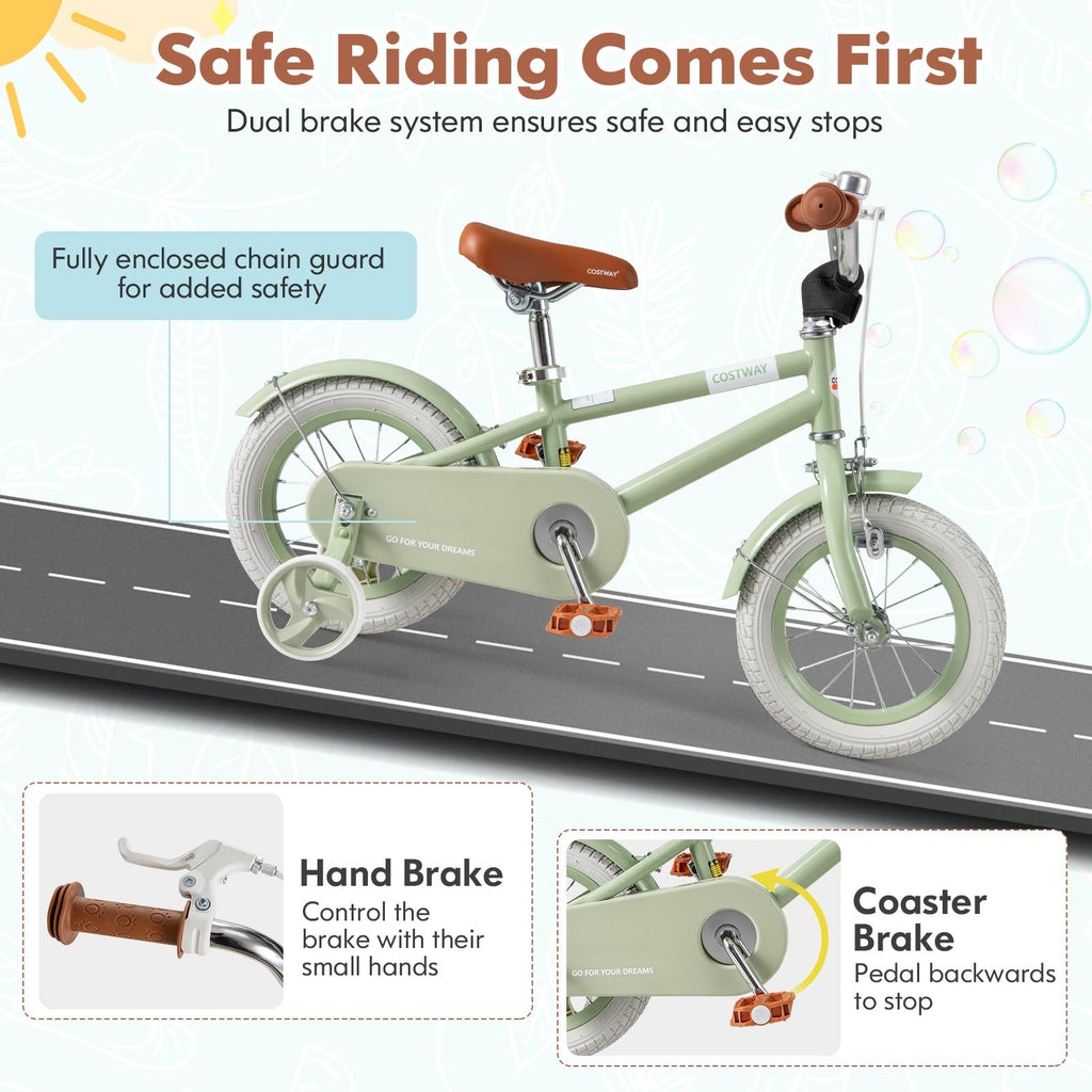 Kids Bike with Adjustable Handlebar and Saddle Green-12 Inches