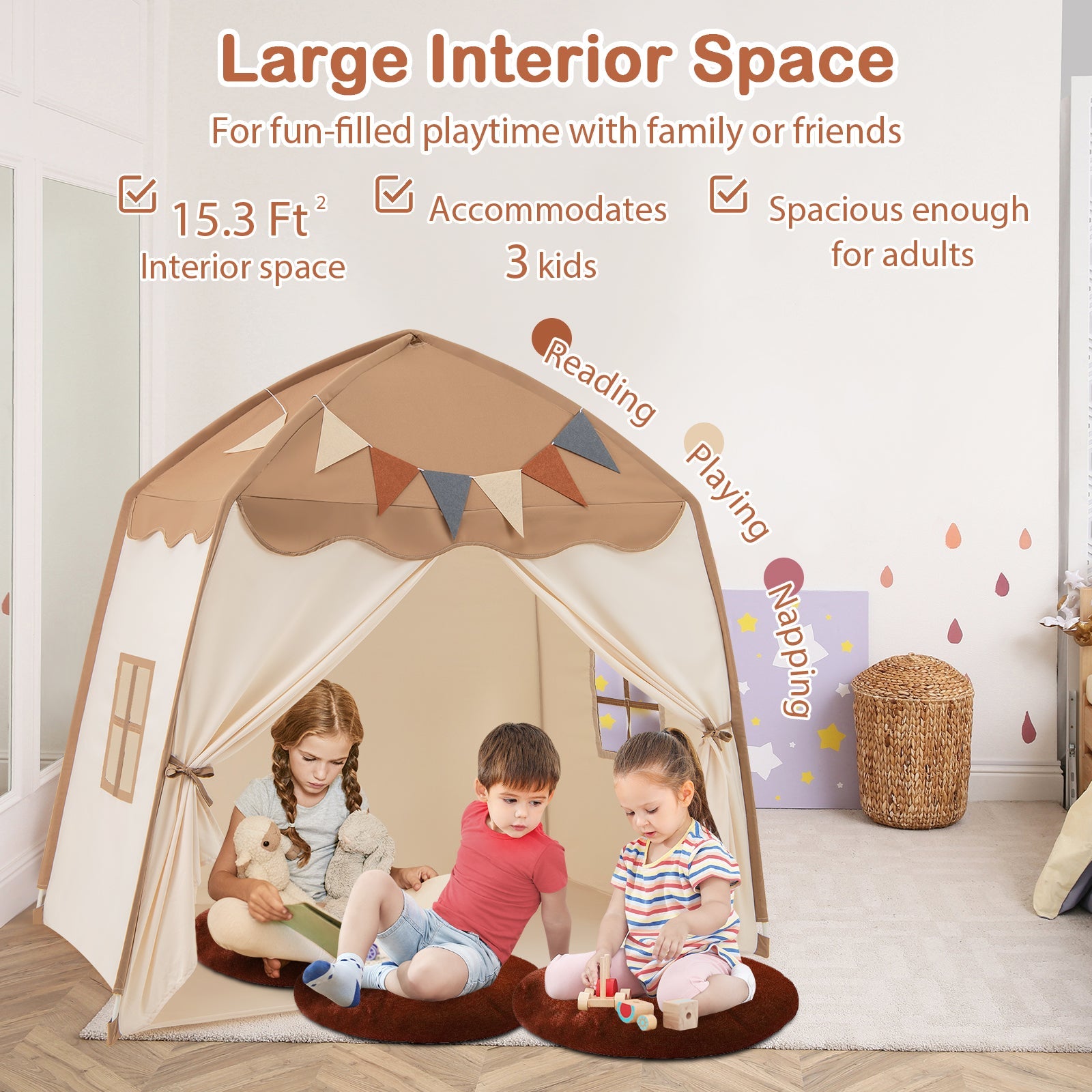 Kids Play Tent Bed Tent with String Lights Extra Large Playhouse Tent-Coffee