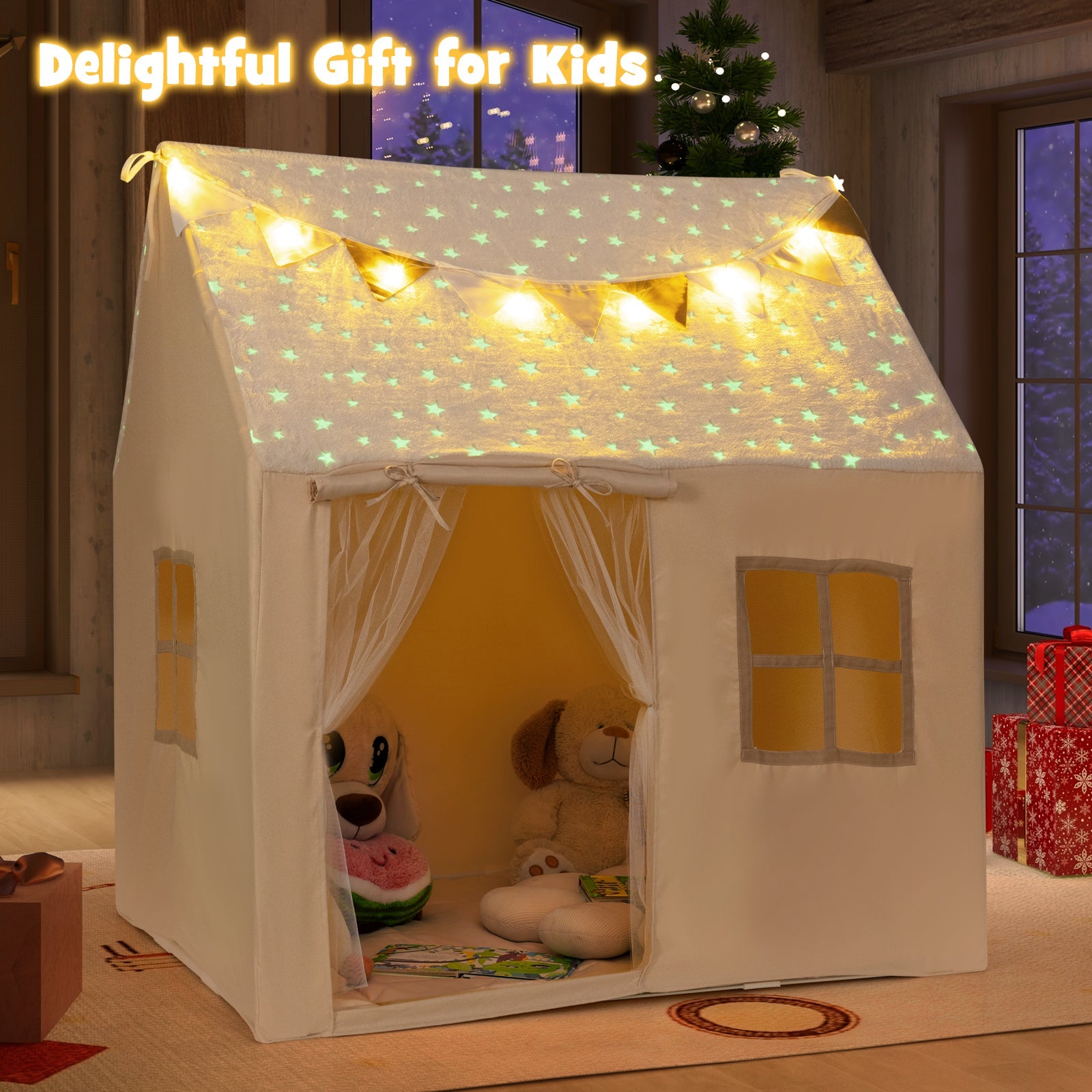 Kids Play Tent Large Playhouse with Glow in the Dark Stars and Mat-Beige