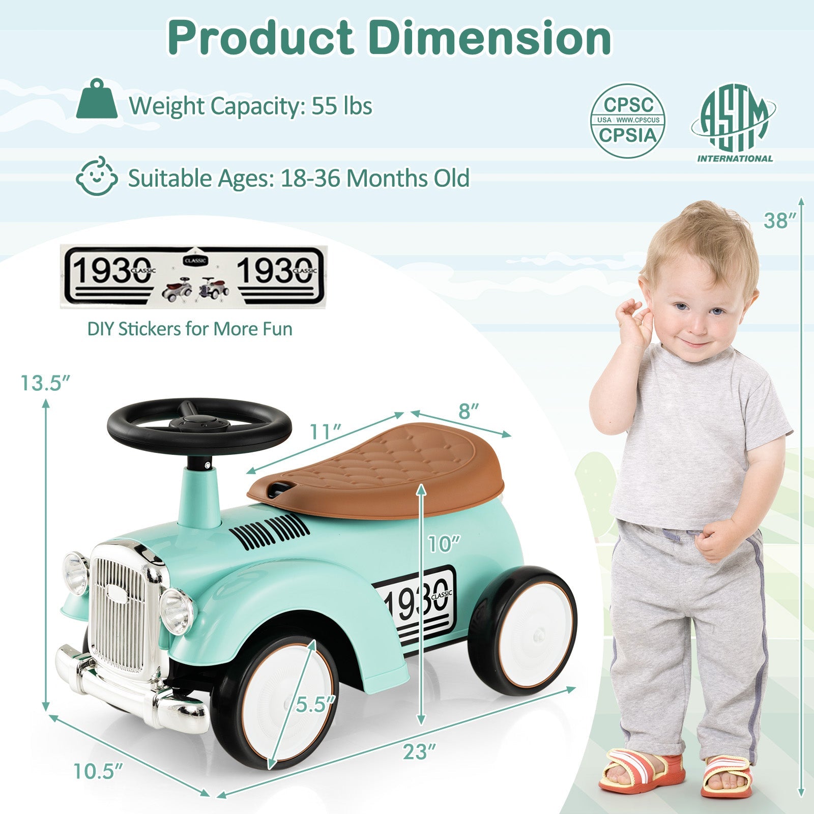 Kids Sit to Stand Vehicle with Working Steering Wheel and Under Seat Storage-Green