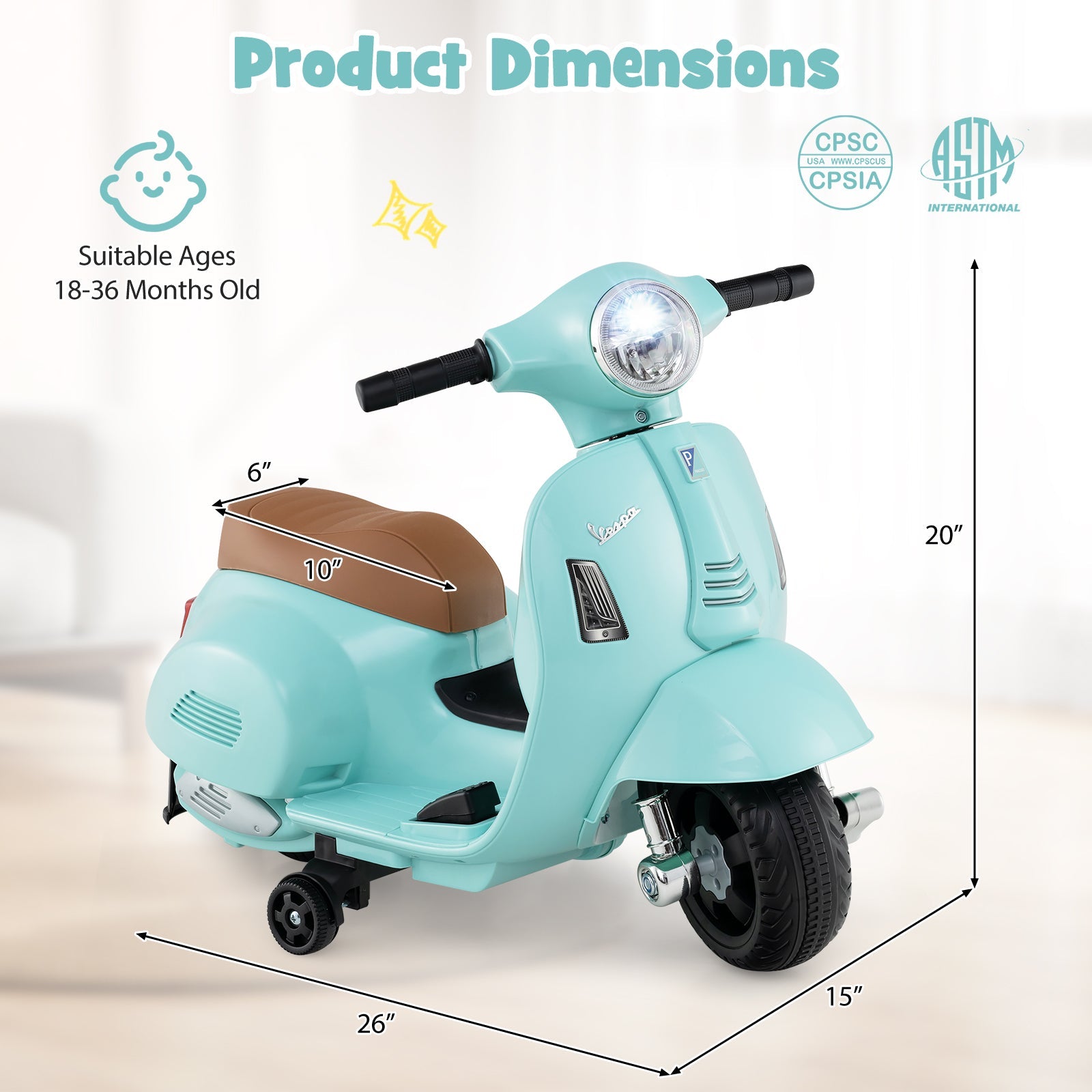 Kids Ride on Motorcycle Licensed Vespa with LED Headlight and Horn Sound-Green