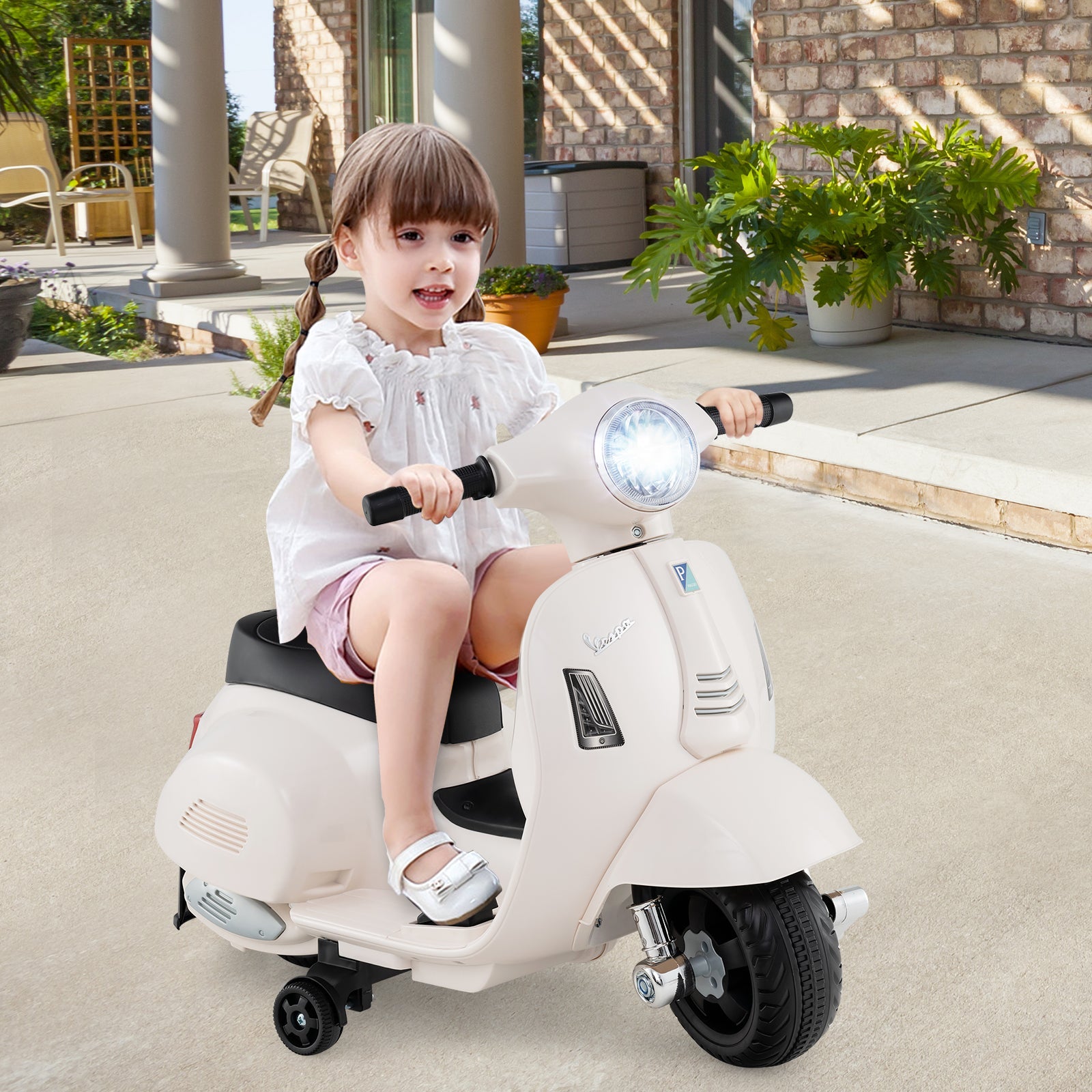 Kids Ride on Motorcycle Licensed Vespa with LED Headlight and Horn Sound-White