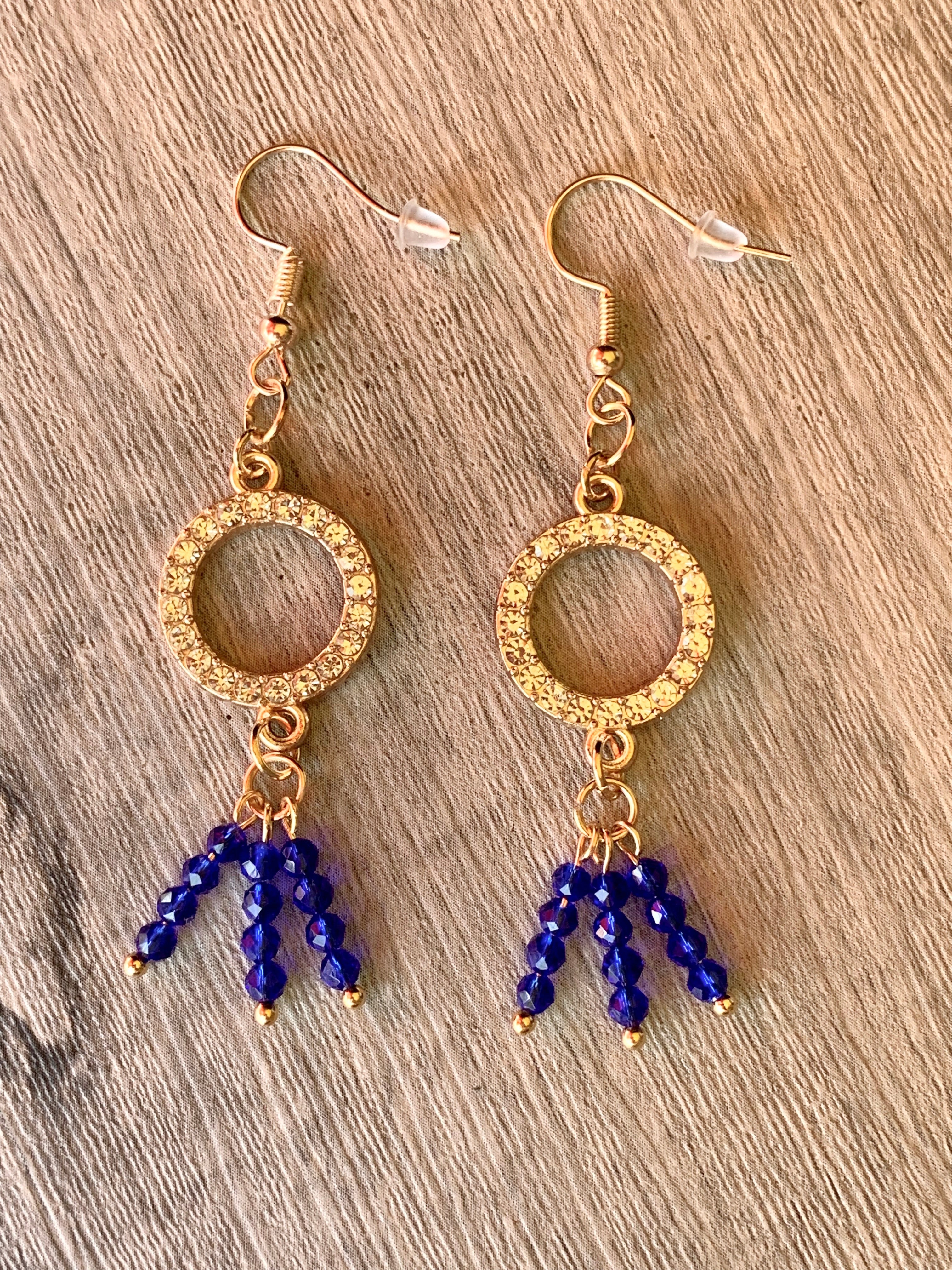 Luz Handmade Blue Sapphire Dangle Earrings with Rhinestone Circles
