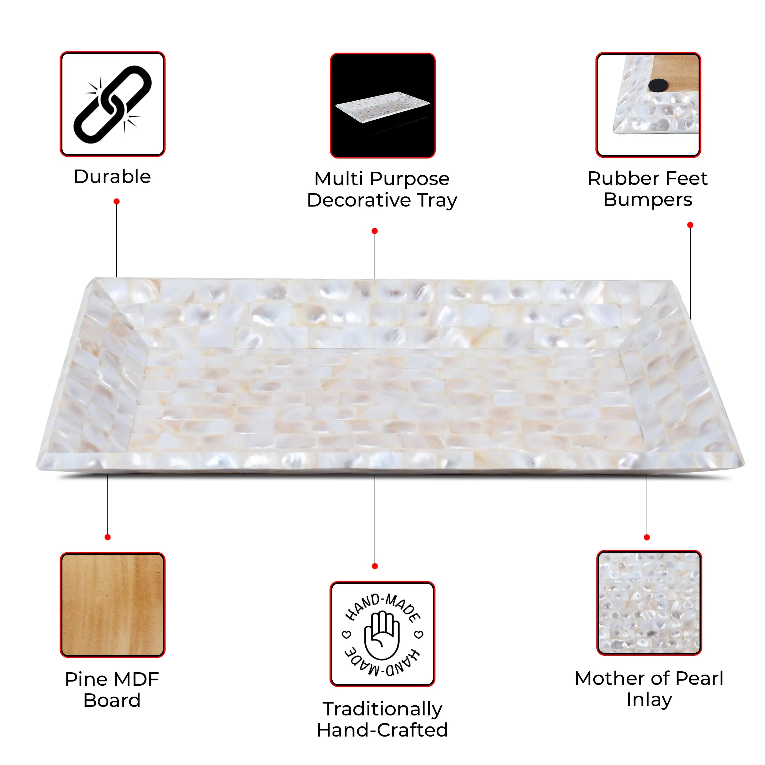 Decorative Tray Mother of Pearl White Vanity & Dresser Organizer – 12" x 7"