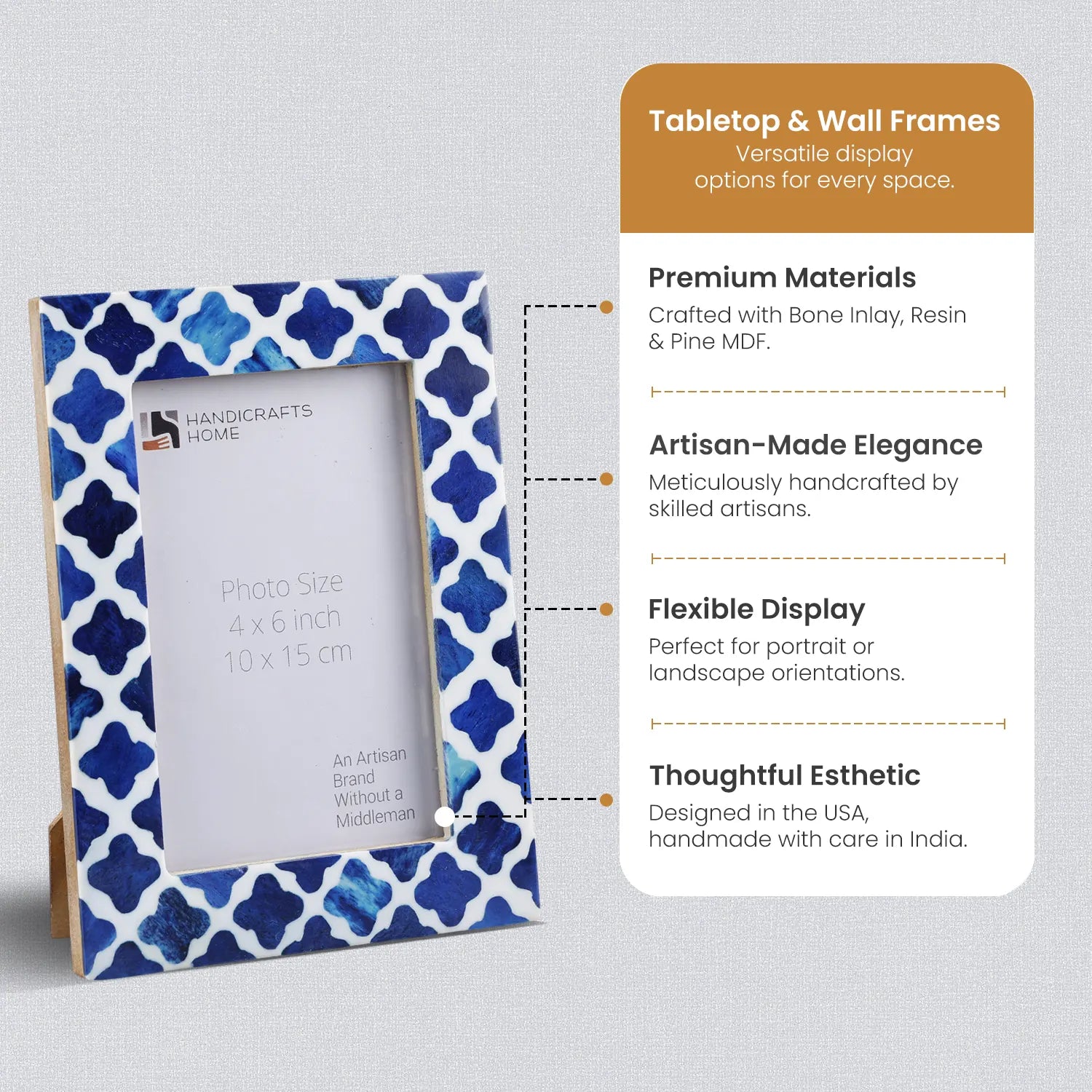 Picture Frame Indigo Collection Bone & Resin Inlay, Blue - White, 4" x 6"