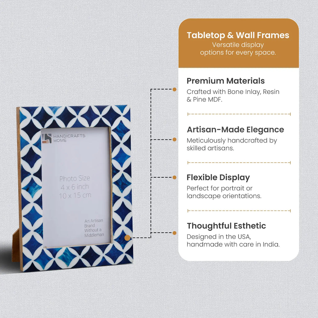 Picture Frame Indigo Pattern Collection Bone Resin Inlay Blue White 4x6