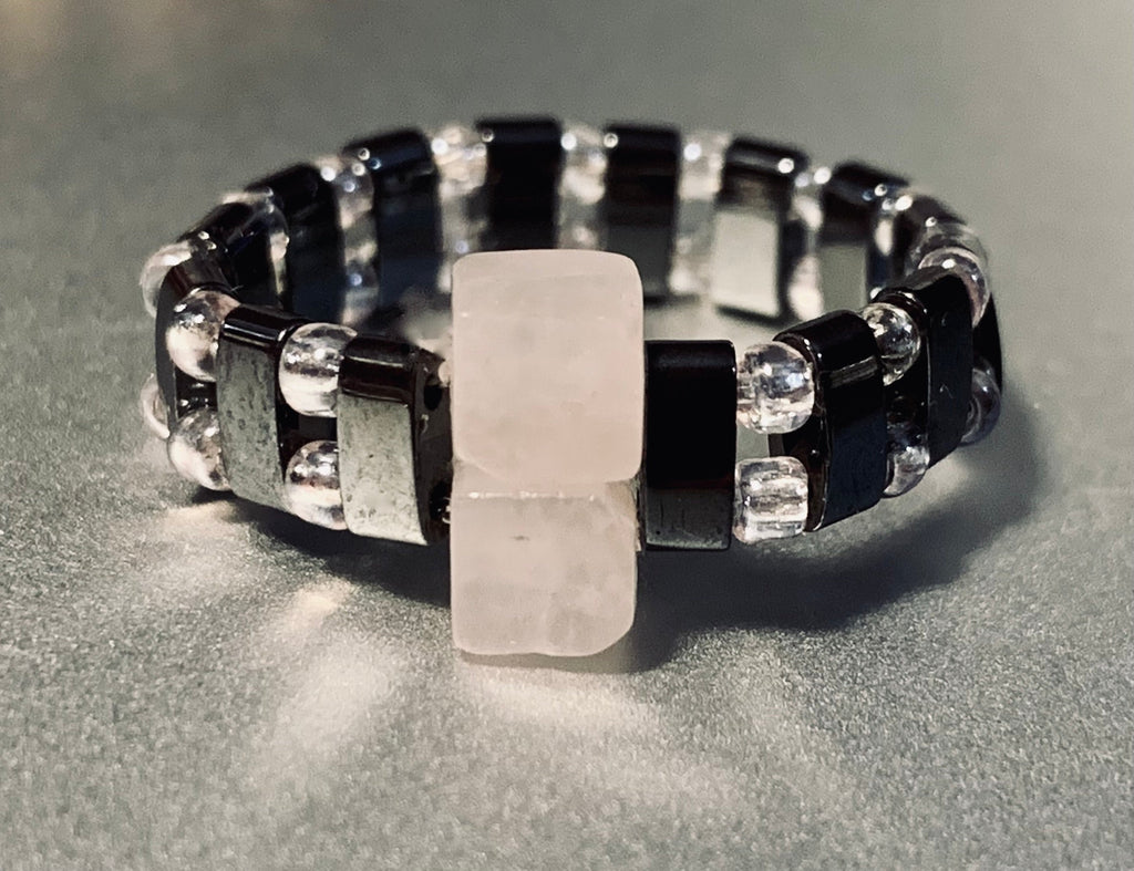 Paulina Handmade Rose Quartz and Hematite Expandable Ring