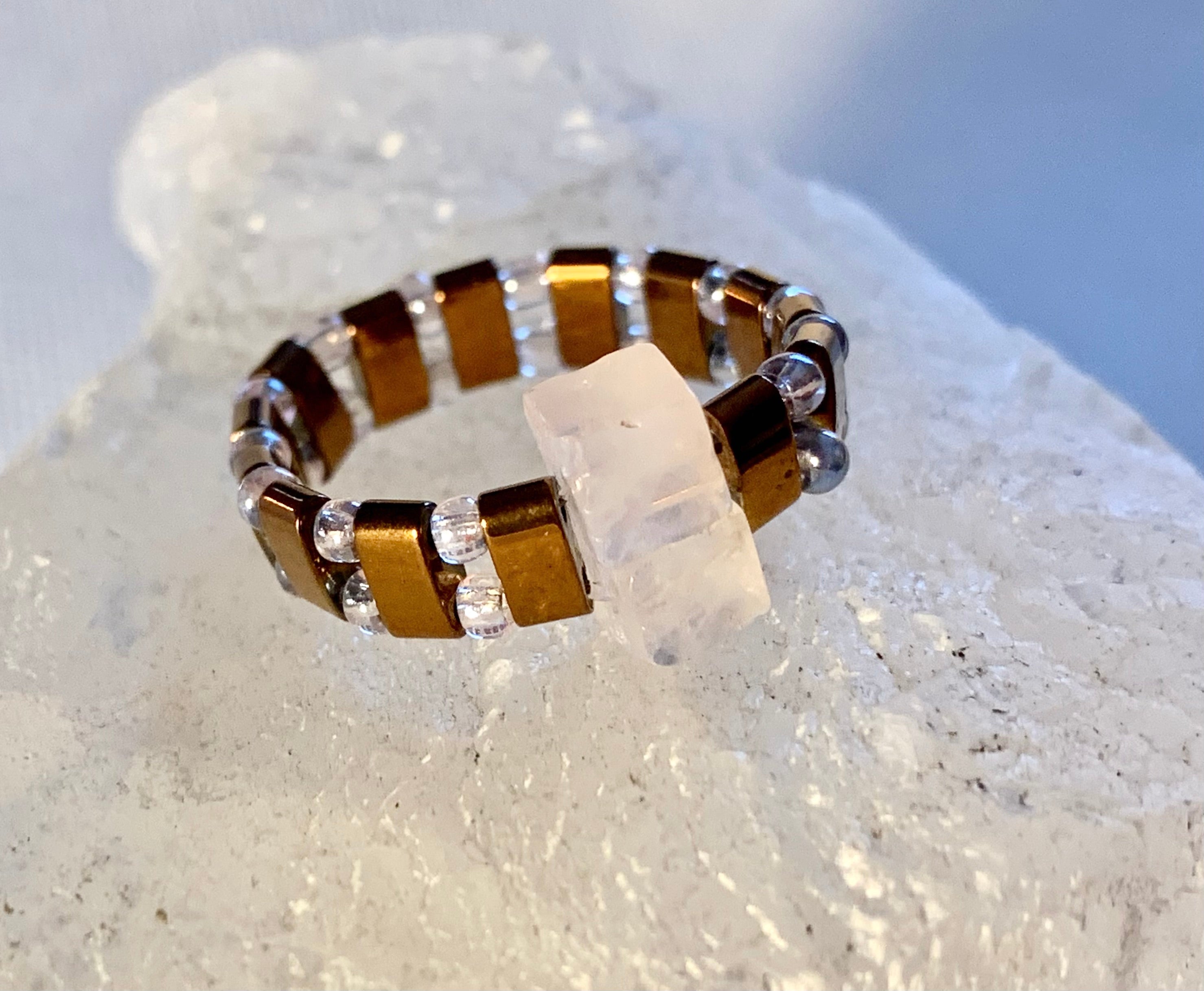 Paulina Handmade Rose Quartz and Hematite Expandable Ring
