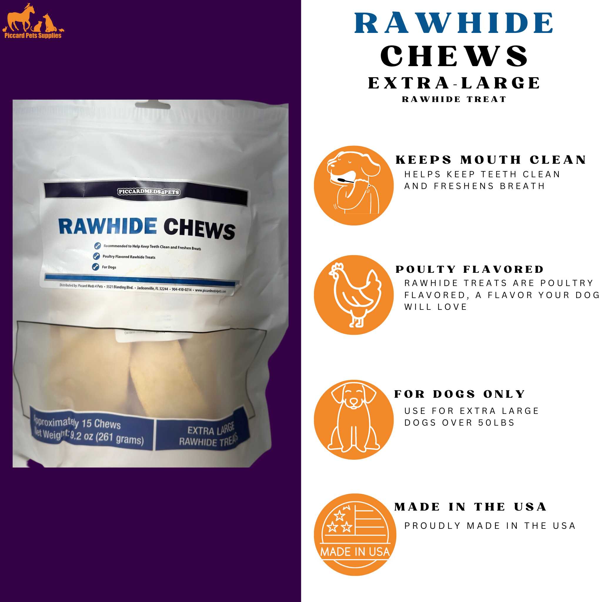 Piccardmeds4pets Rawhide Dental Chews for XL Dogs Over 50lbs.