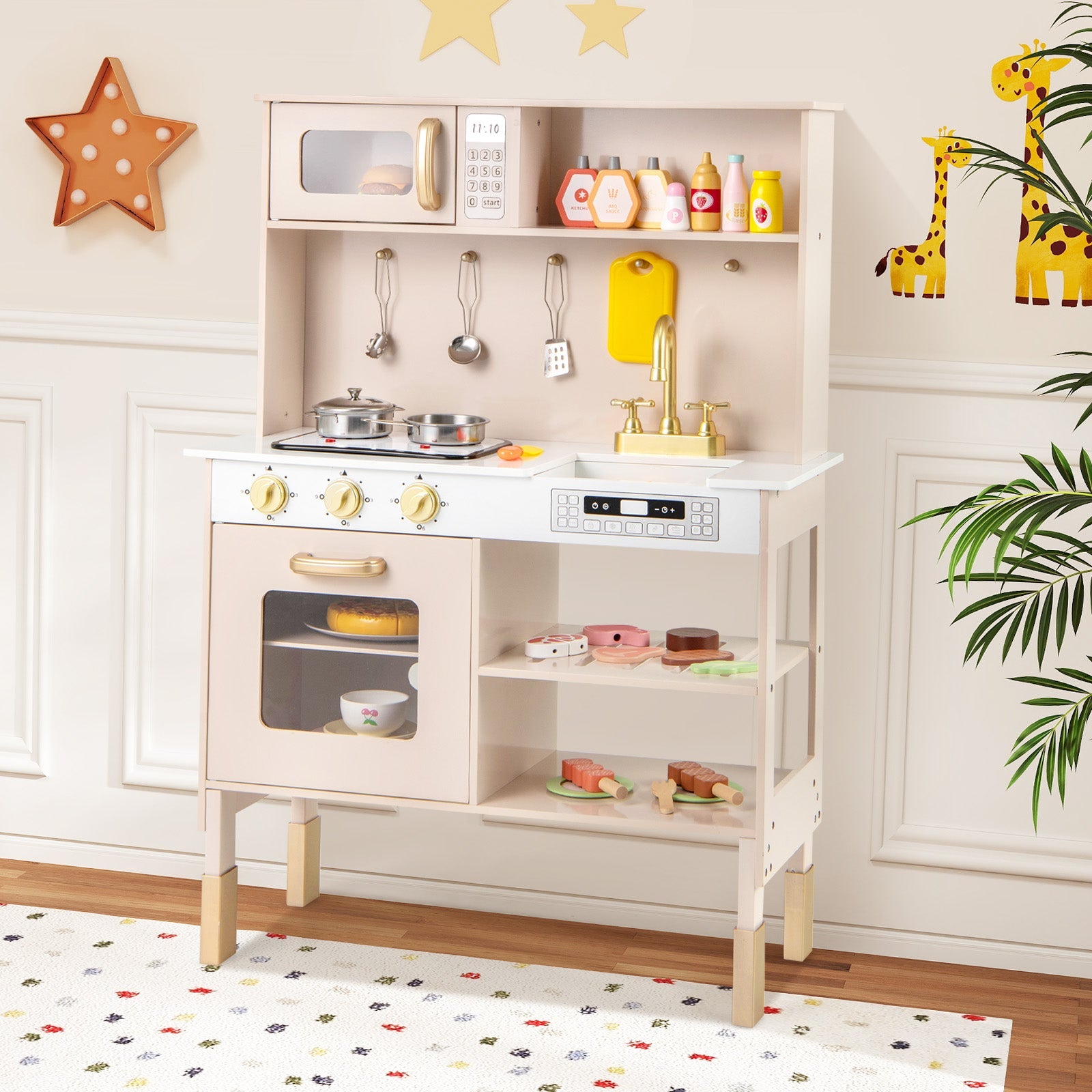 Play Kitchen Height Adjustable with Microwave and Lights and Sounds-Pink