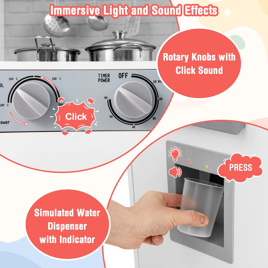 Pretend Play Kitchen Wooden Toy Set Kitchen Accessory Playset with Real Lights Sounds-White
